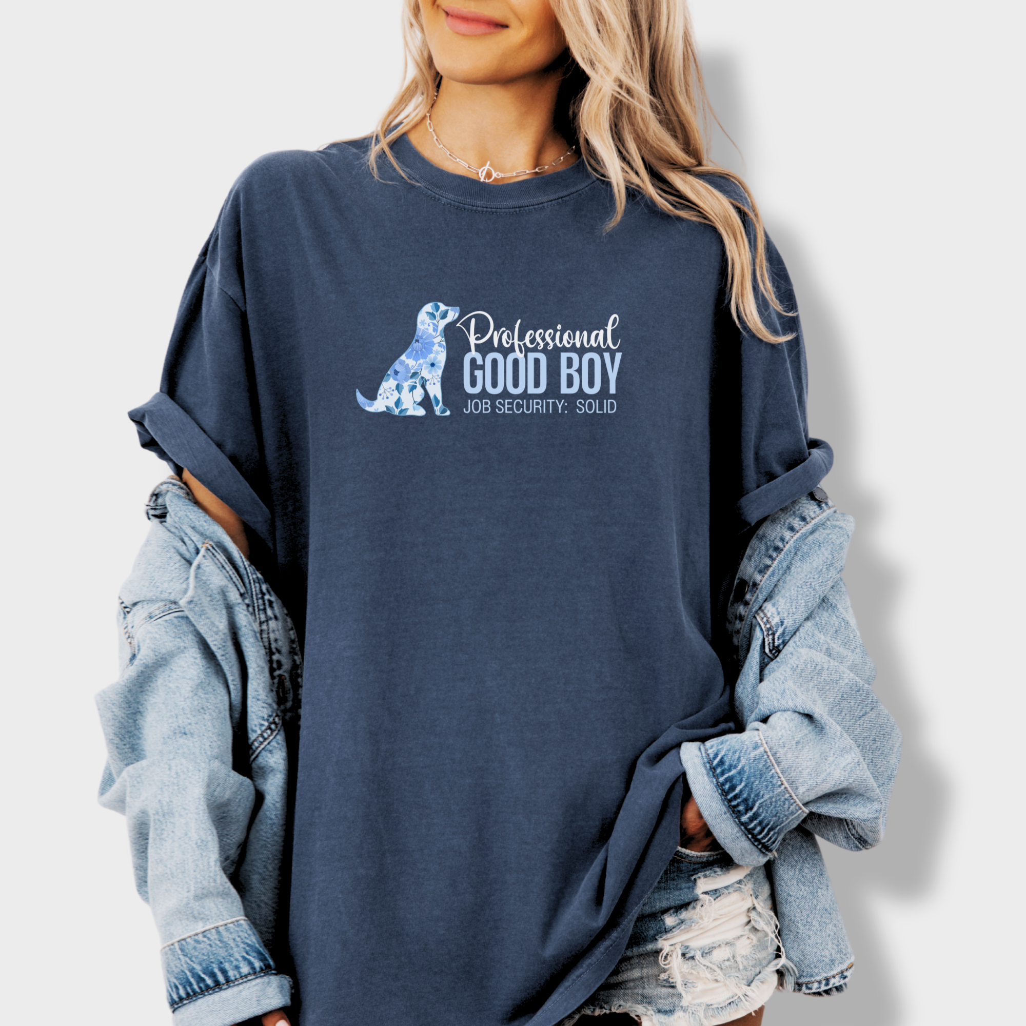 floral-professional-good-boy-solid-job-security-dog-graphic-comfort-colors-t-shirt-in-denim - Denim Lifestyle Female Model