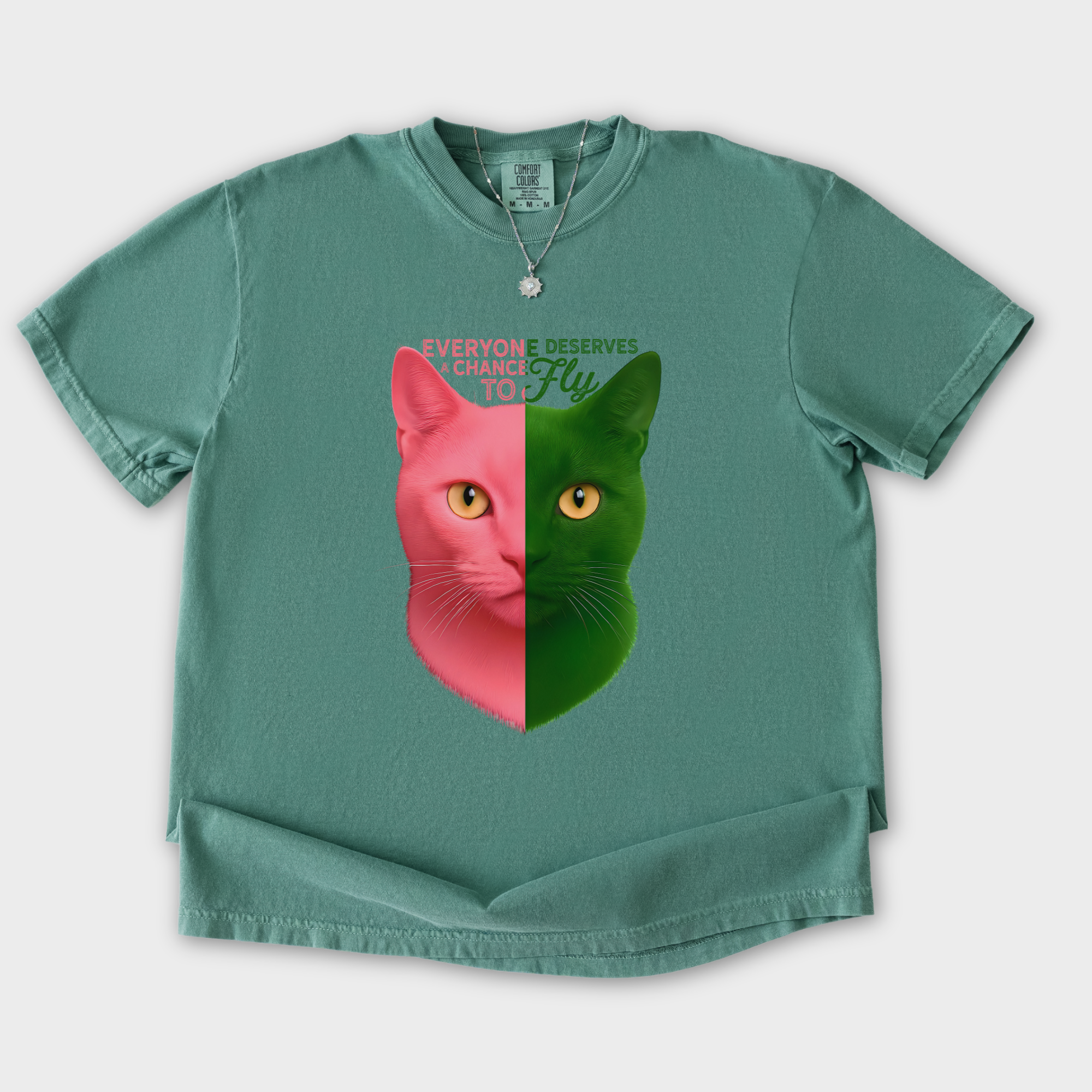 movie-inspired-everyone-deserves-a-chance-to-fly-cat-graphic-comfort-colors-t-shirt-in-light-green - Light Green Flat Lay Front