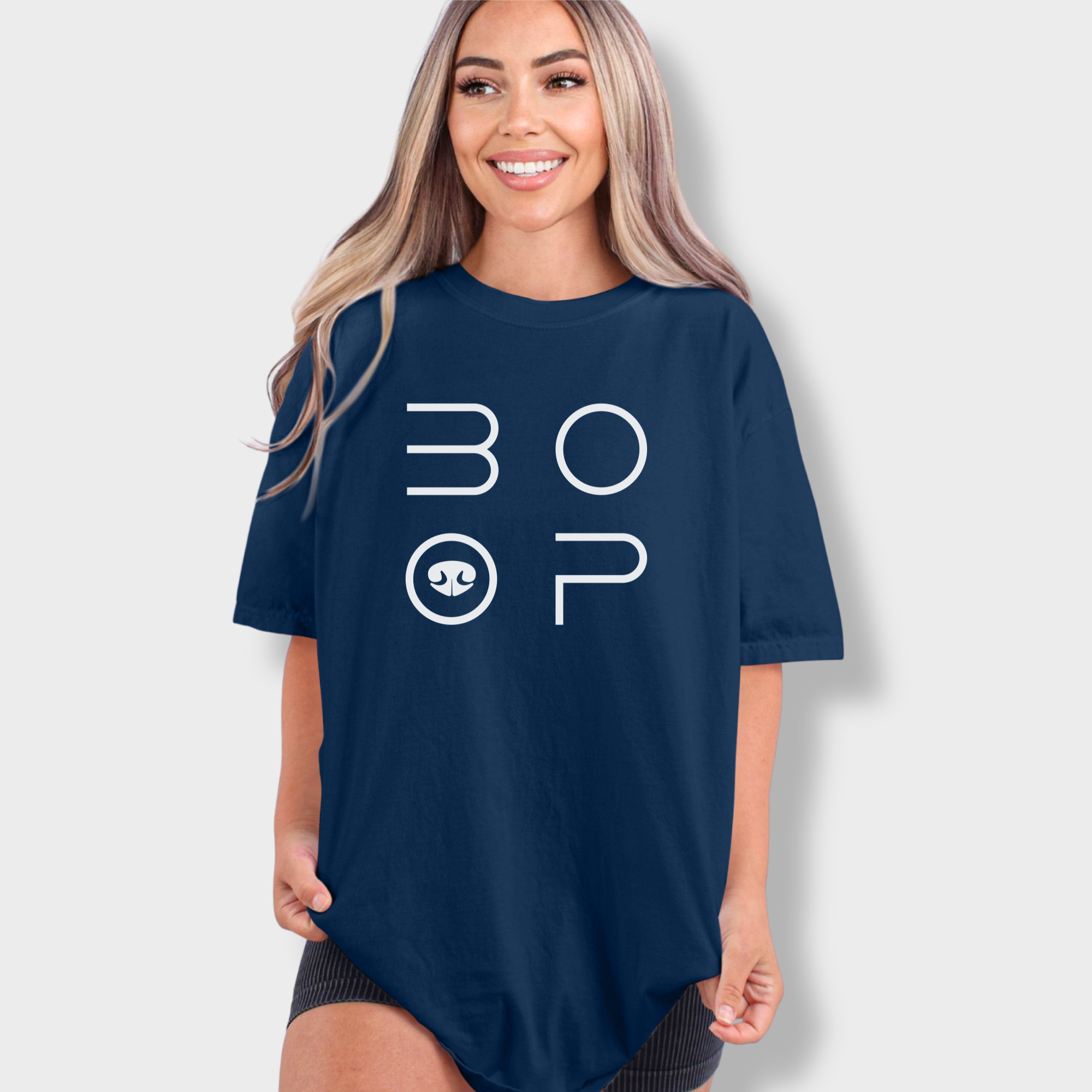 minimalist-boop-dog-nose-modern-text-design-dog-text-comfort-colors-t-shirt-in-true-navy - True Navy Lifestyle Female Model