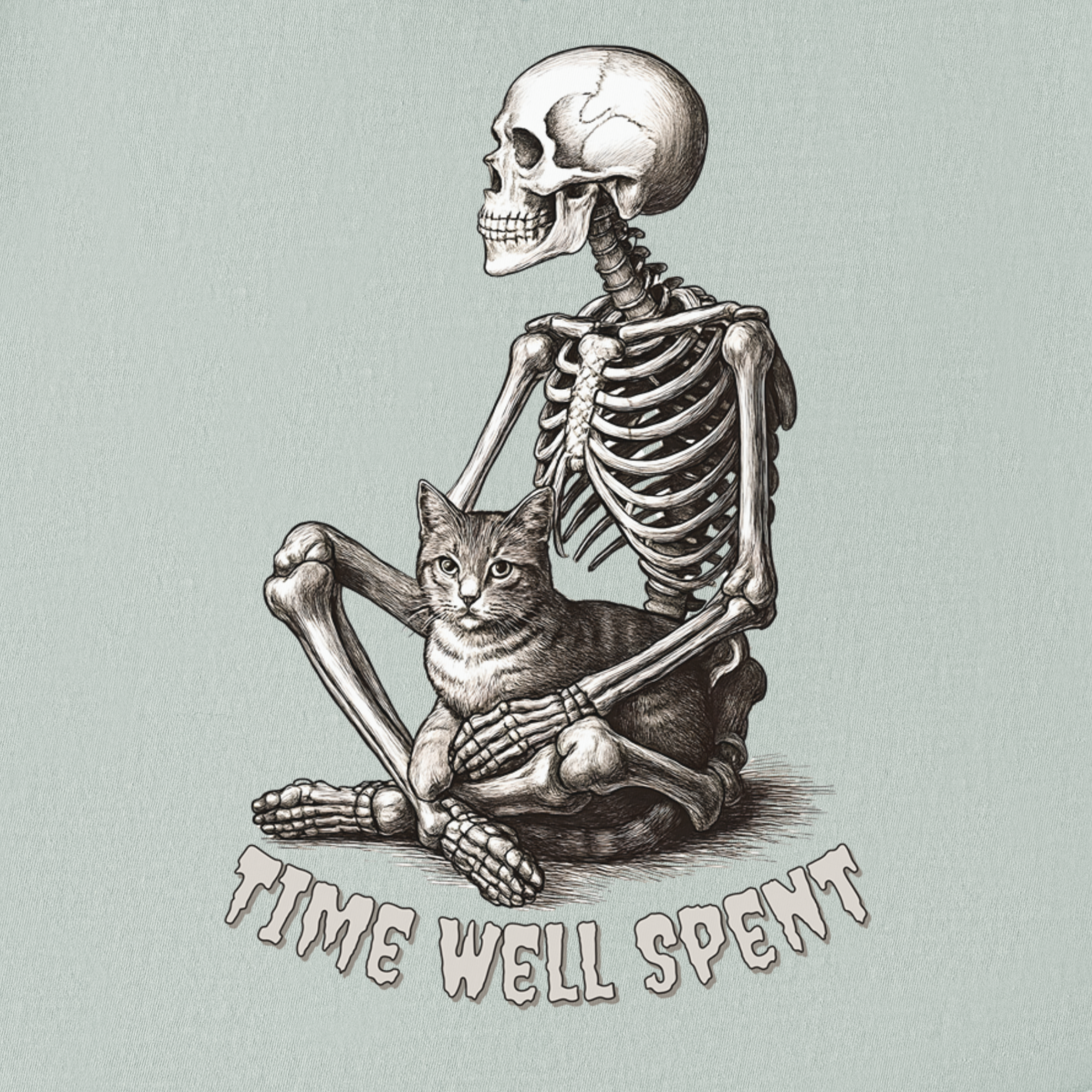 line-art-sit-still-skeleton-petting-cat-cat-skeleton-comfort-colors-t-shirt-in-granite - Granite Full Graphic