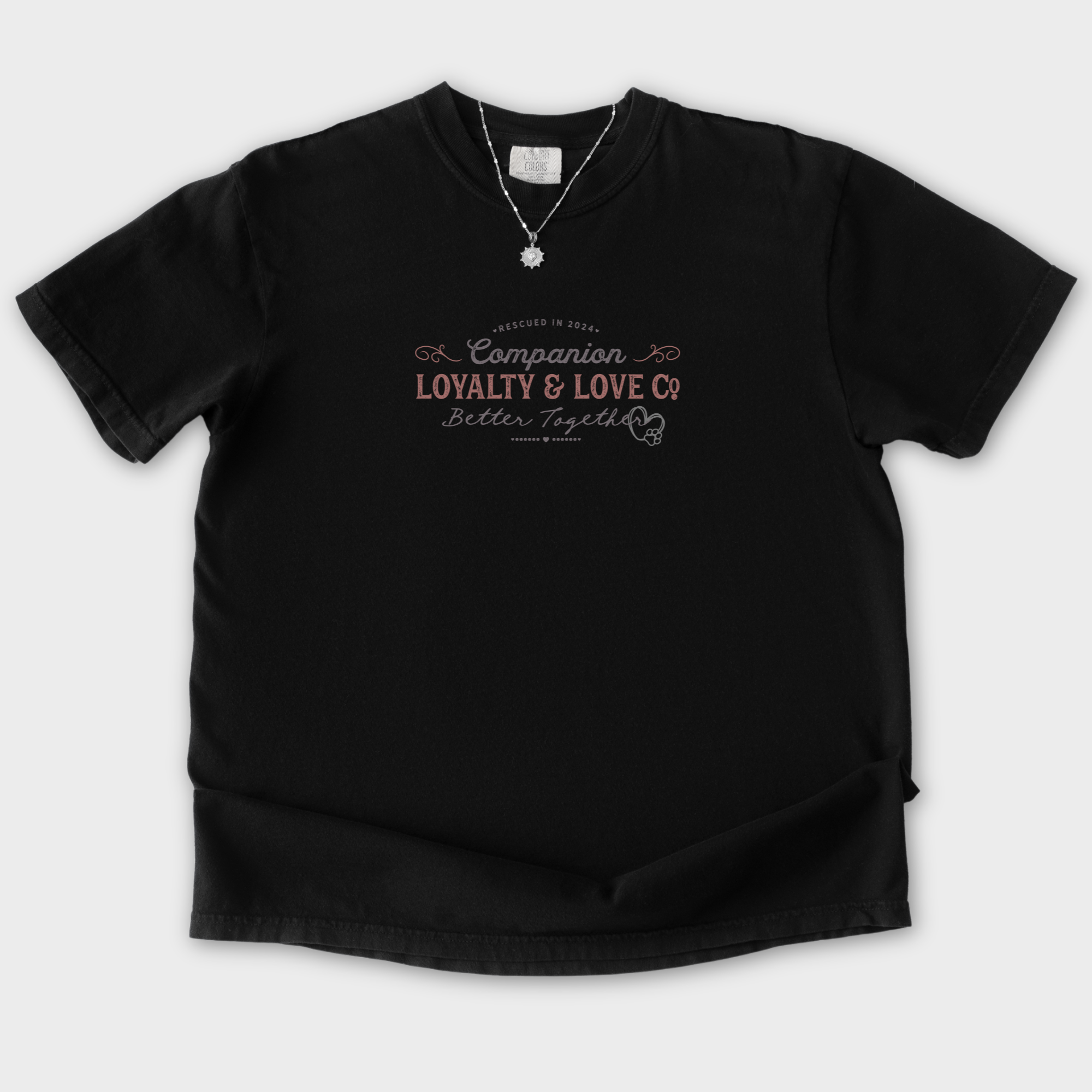 vintage-companions-better-together-company-pet-text-comfort-colors-t-shirt-in-black - Black Flat Lay Front