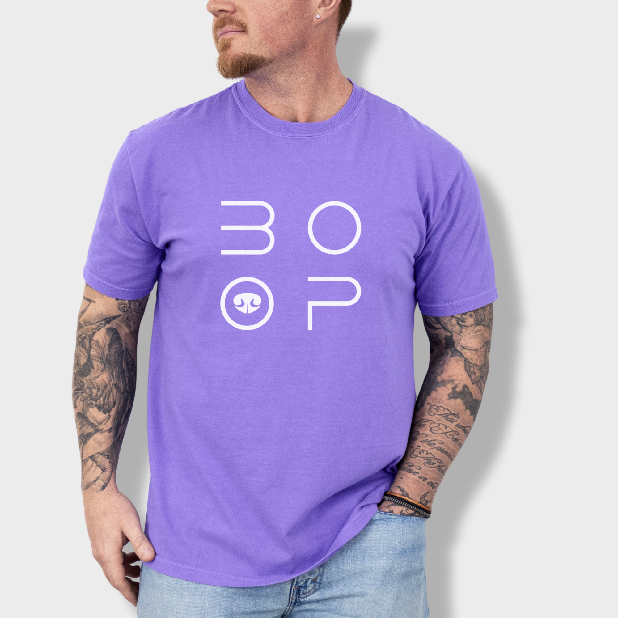 minimalist-boop-dog-nose-modern-text-design-dog-text-comfort-colors-t-shirt-in-violet - Violet Lifestyle Male Model