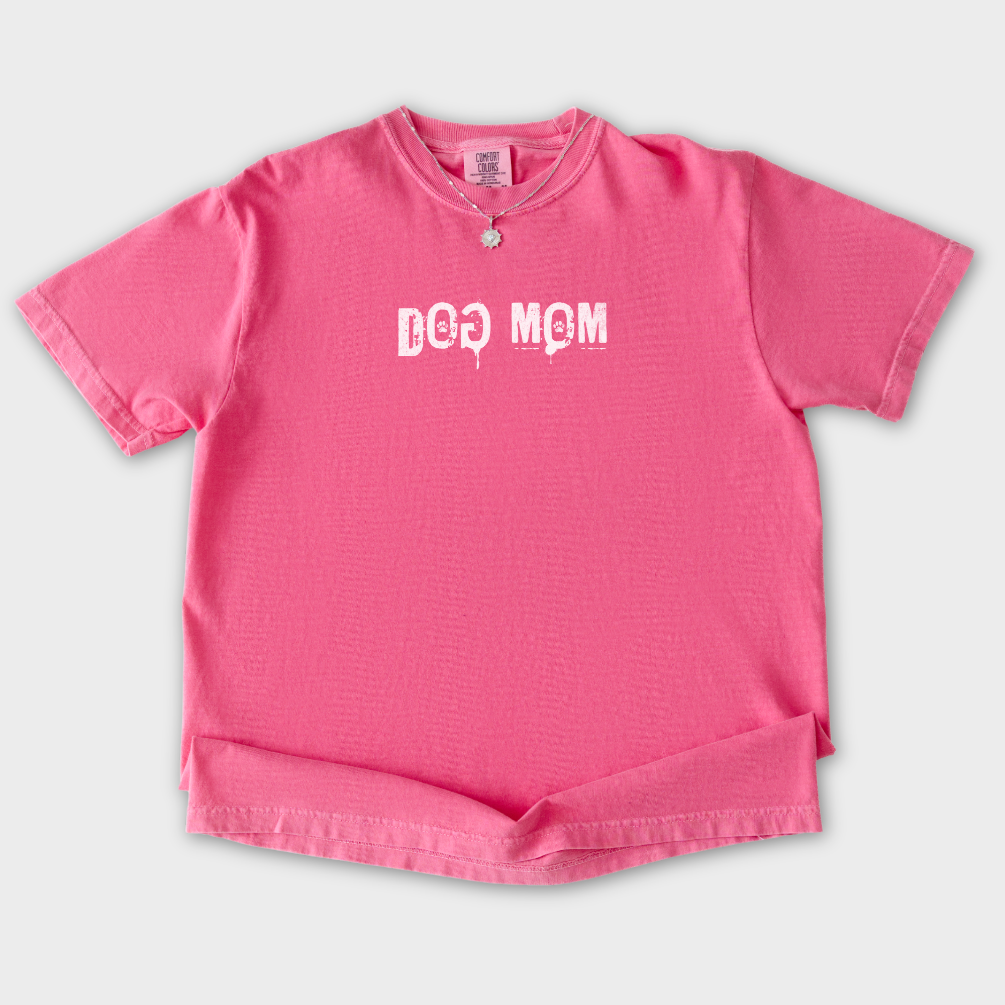 minimalist-dog-mom-messy-stamp-with-paint-splatter-dog-text-comfort-colors-t-shirt-in-crunchberry - Crunchberry Flat Lay Front