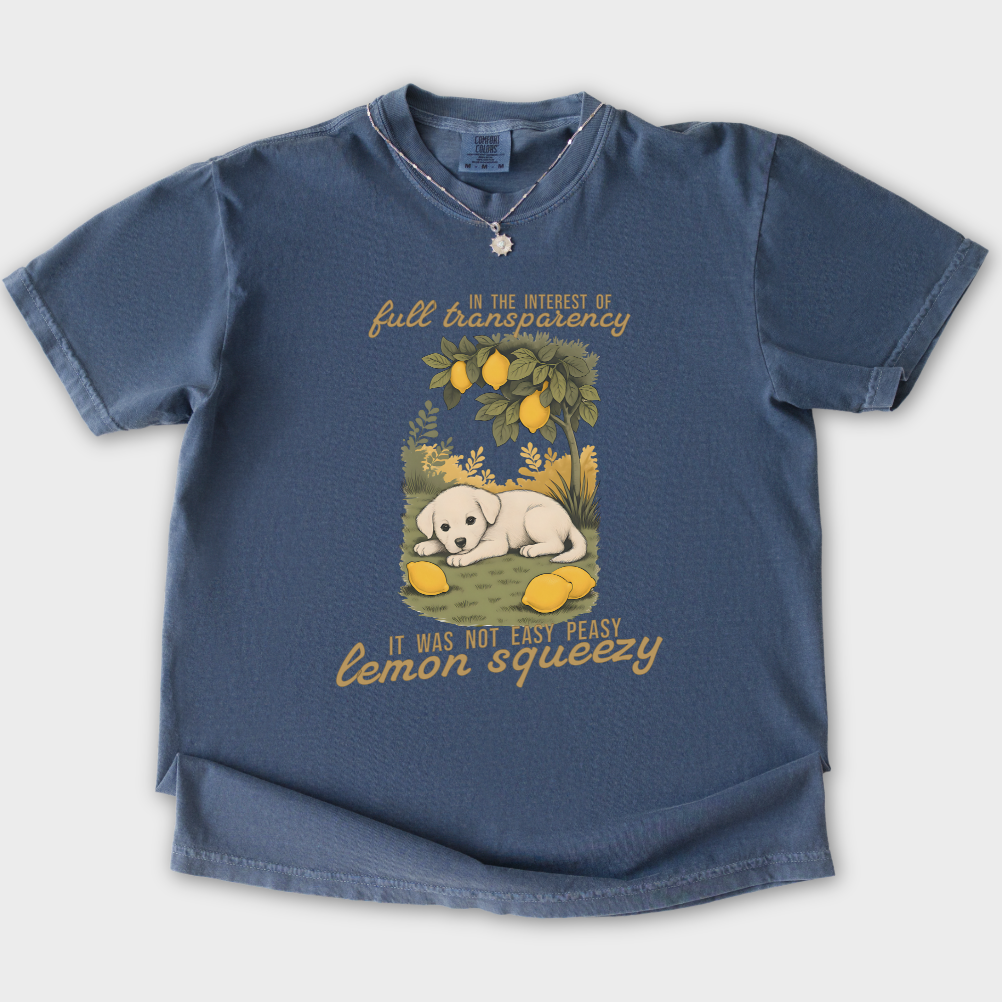 vintage-not-so-easy-lemon-squeezy-dog-dog-graphic-comfort-colors-t-shirt-in-denim - Denim Flat Lay Front