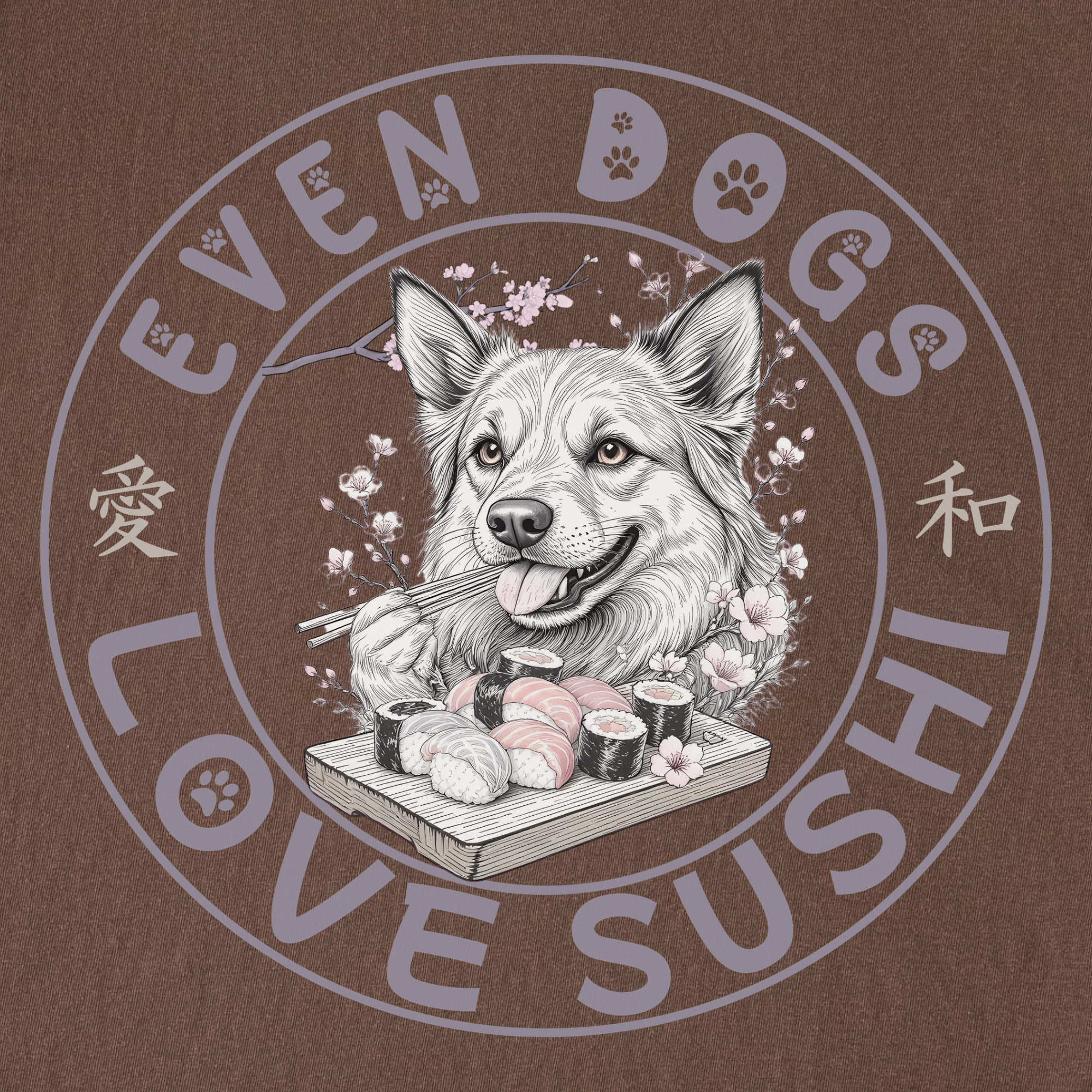 floral-even-dogs-love-sushi-plus-cherry-blossoms-dog-graphic-comfort-colors-t-shirt-in-espresso - Espresso Full Graphic