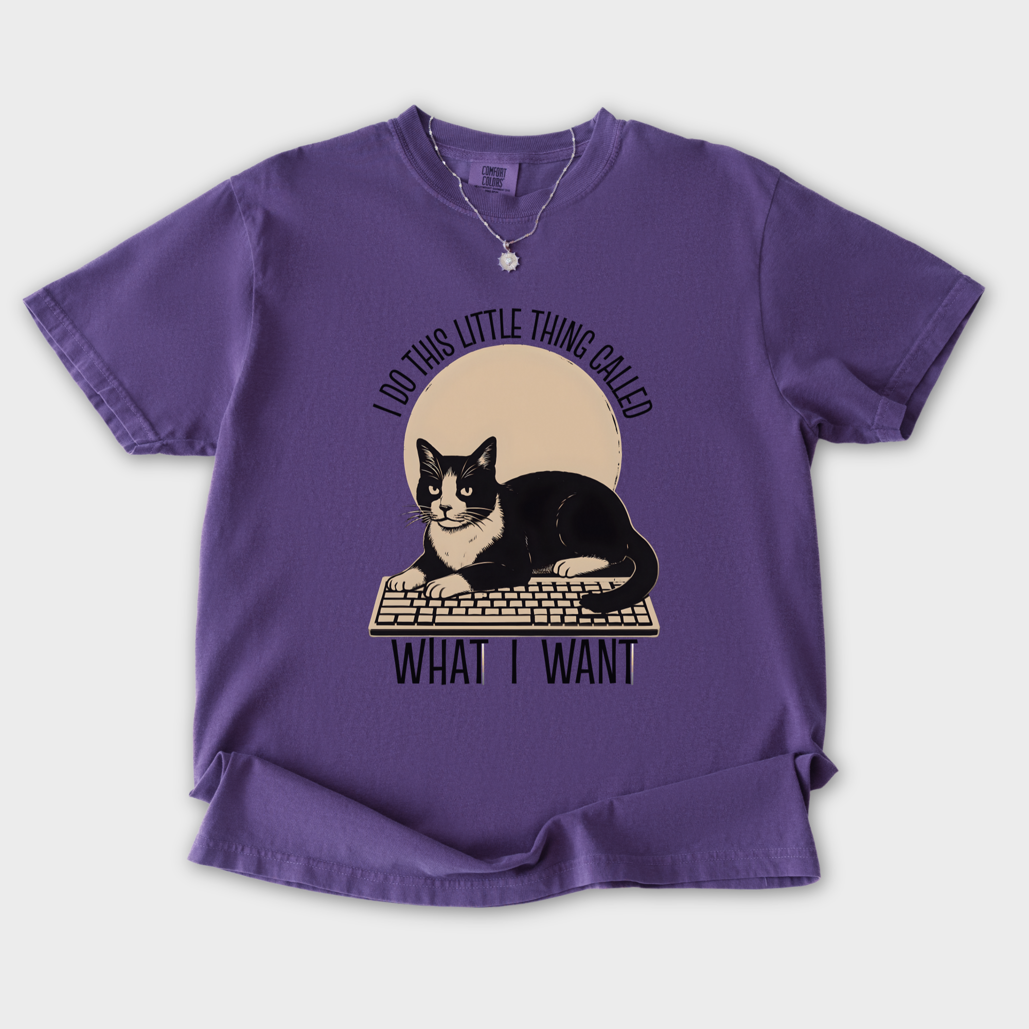 retro-i-do-this-little-thing-called-what-i-want-cat-minimalist-comfort-colors-t-shirt-in-grape - Grape Flat Lay Front