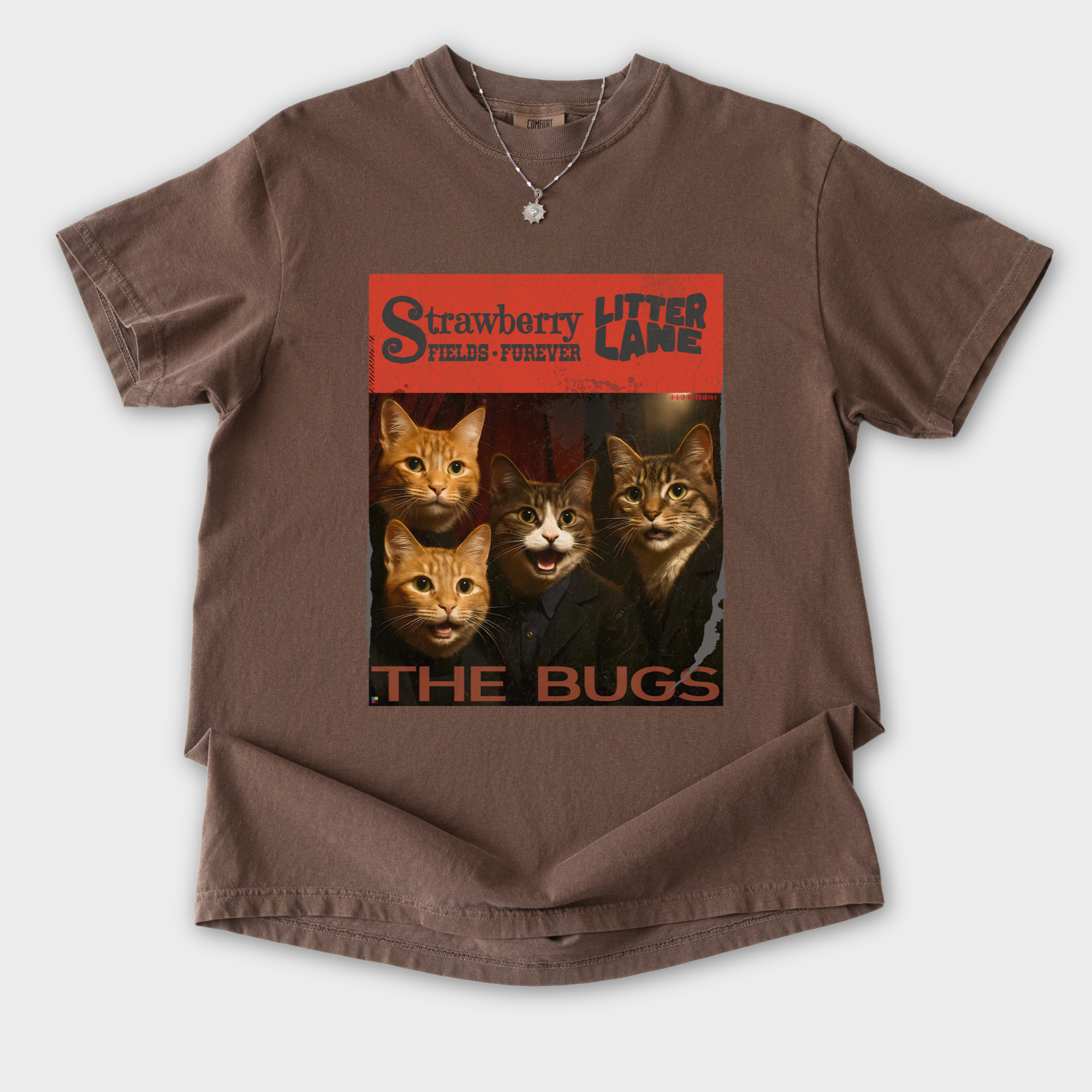 vintage-strawberry-fields-furever-litter-lane-famous-cat-musician-album-cover-cat-graphic-comfort-colors-t-shirt-in-espresso - Espresso Flat Lay Front