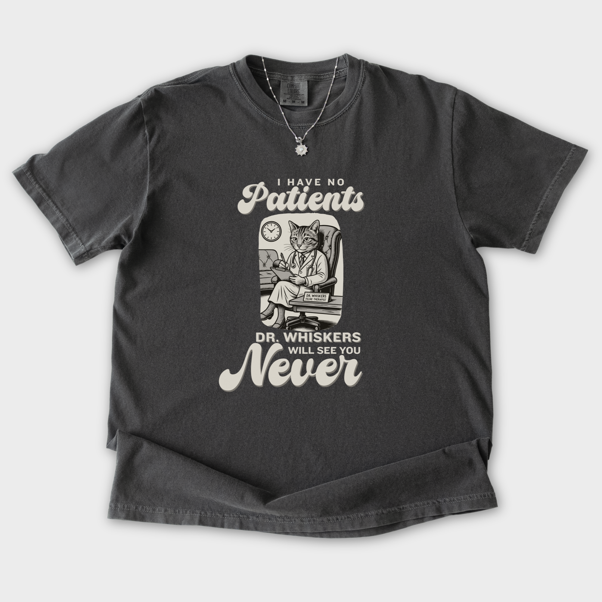 retro-i-have-no-patients-cat-graphic-comfort-colors-t-shirt-in-pepper - Pepper Flat Lay Front