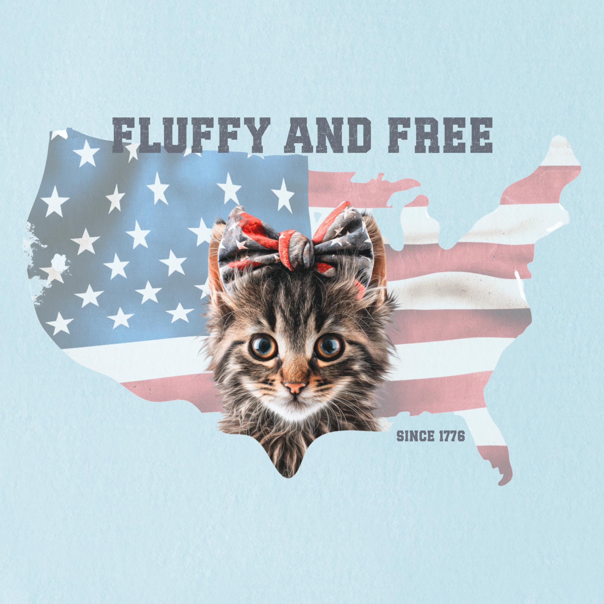 retro-fluffy-and-free-fourth-of-july-kitty-cat-graphic-comfort-colors-t-shirt-in-chambray - Chambray Full Graphic