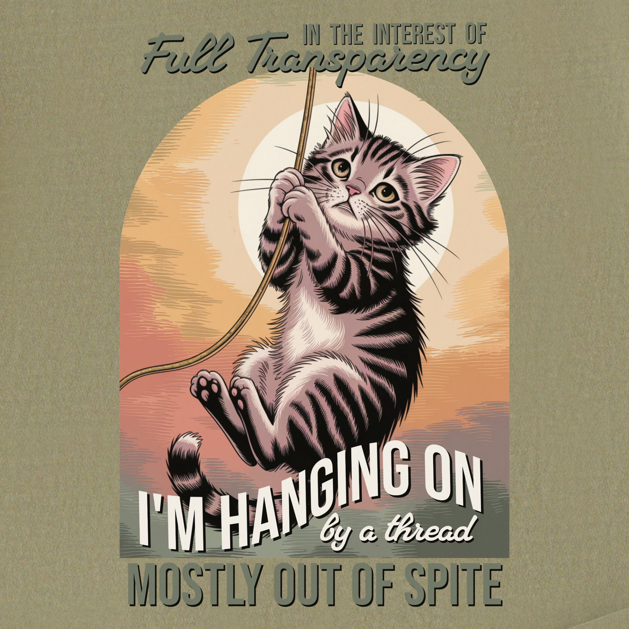 western-hanging-on-by-a-thread-cat-graphic-comfort-colors-t-shirt-in-khaki - Khaki Full Graphic
