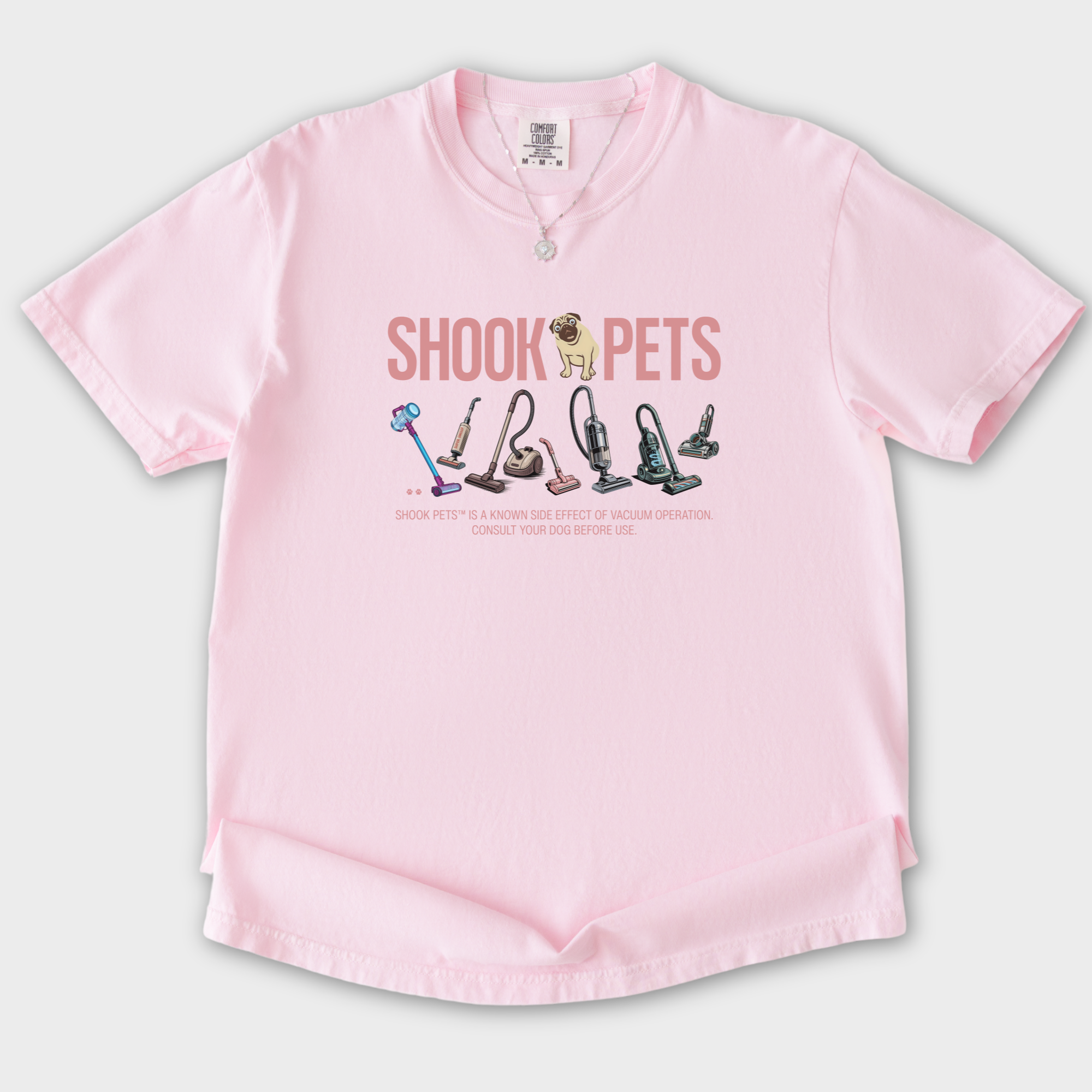 retro-shook-pets-vacuum-wars-dog-graphic-comfort-colors-t-shirt-in-blossom - Blossom Flat Lay Front