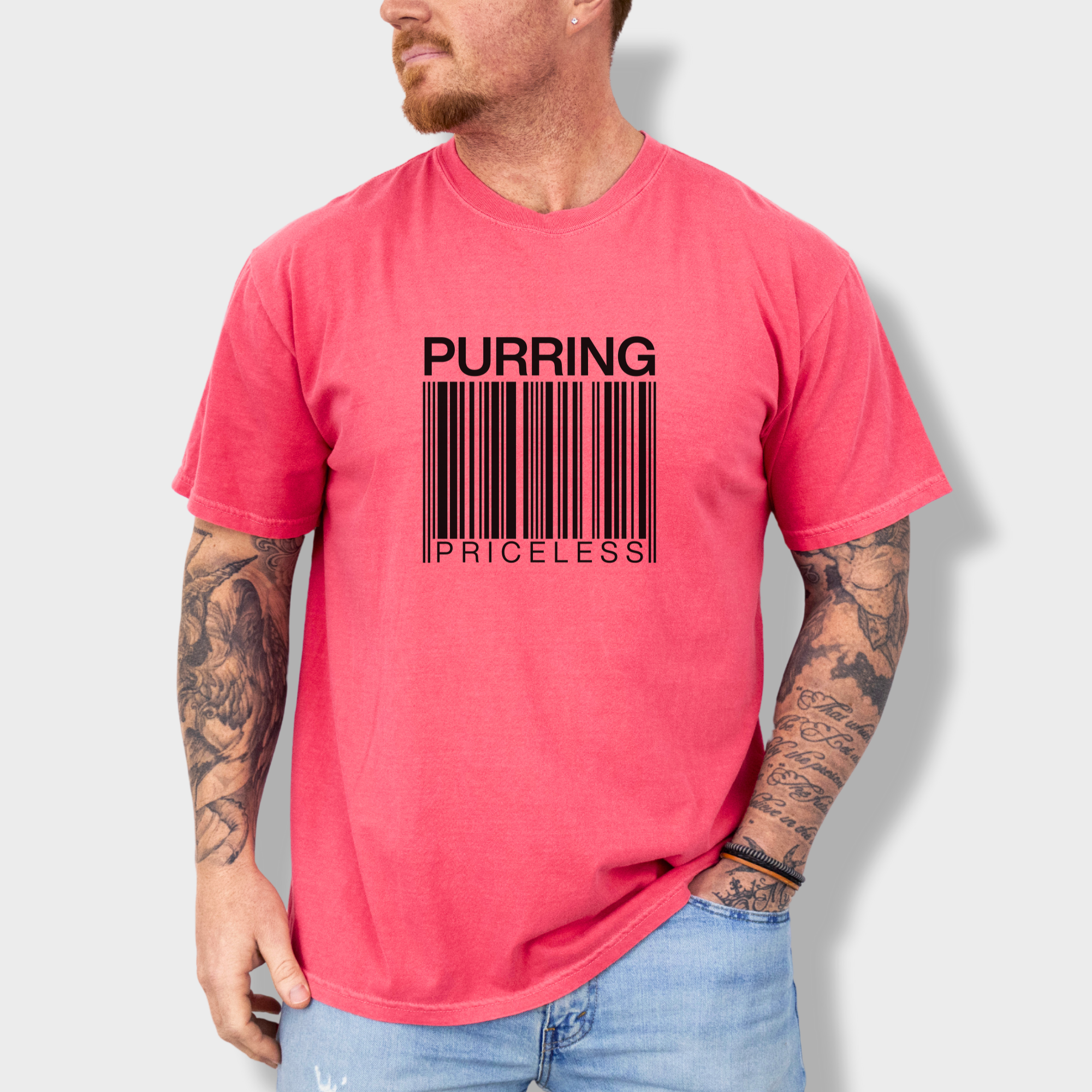 modern-purring-is-priceless-barcode-cat-graphic-comfort-colors-t-shirt-in-watermelon - Watermelon Lifestyle Male Model