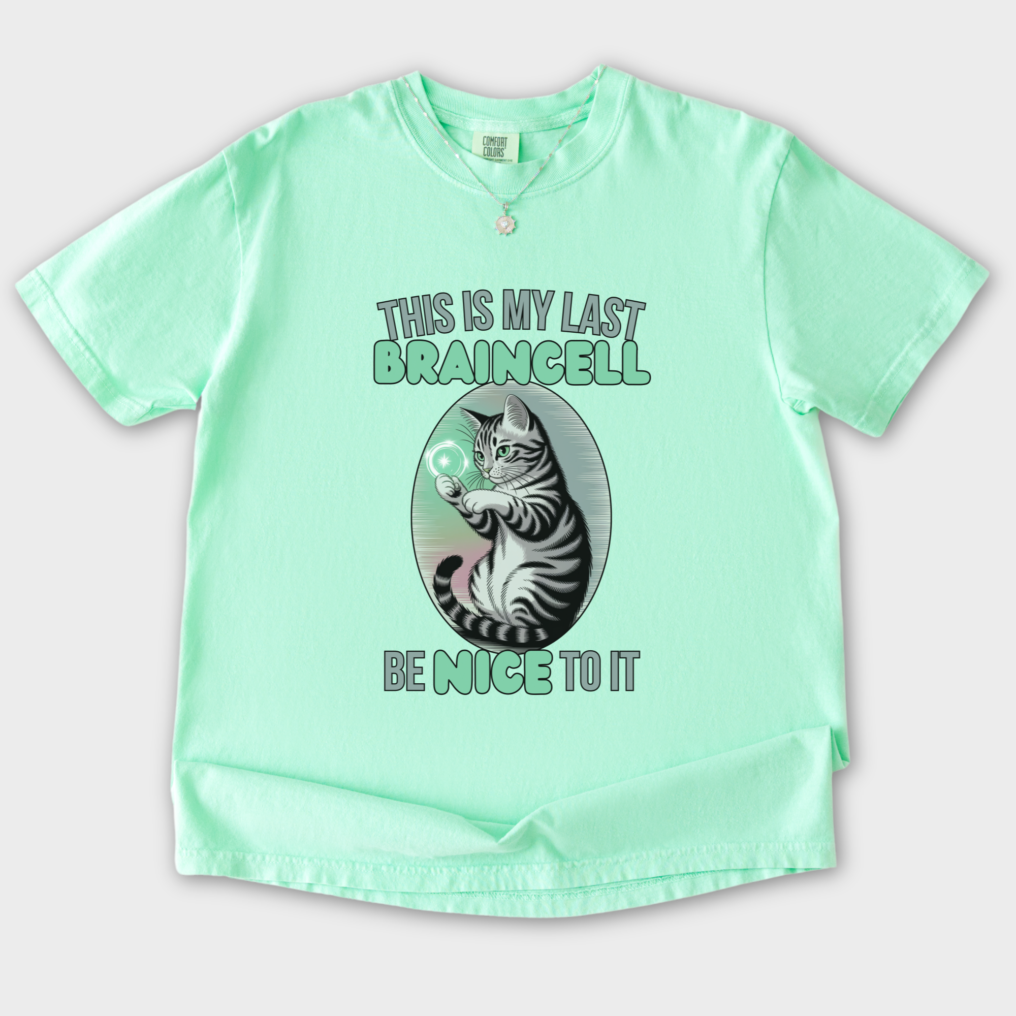vintage-this-is-my-last-braincell-cat-graphic-comfort-colors-t-shirt-in-island-reef - Island Reef Flat Lay Front
