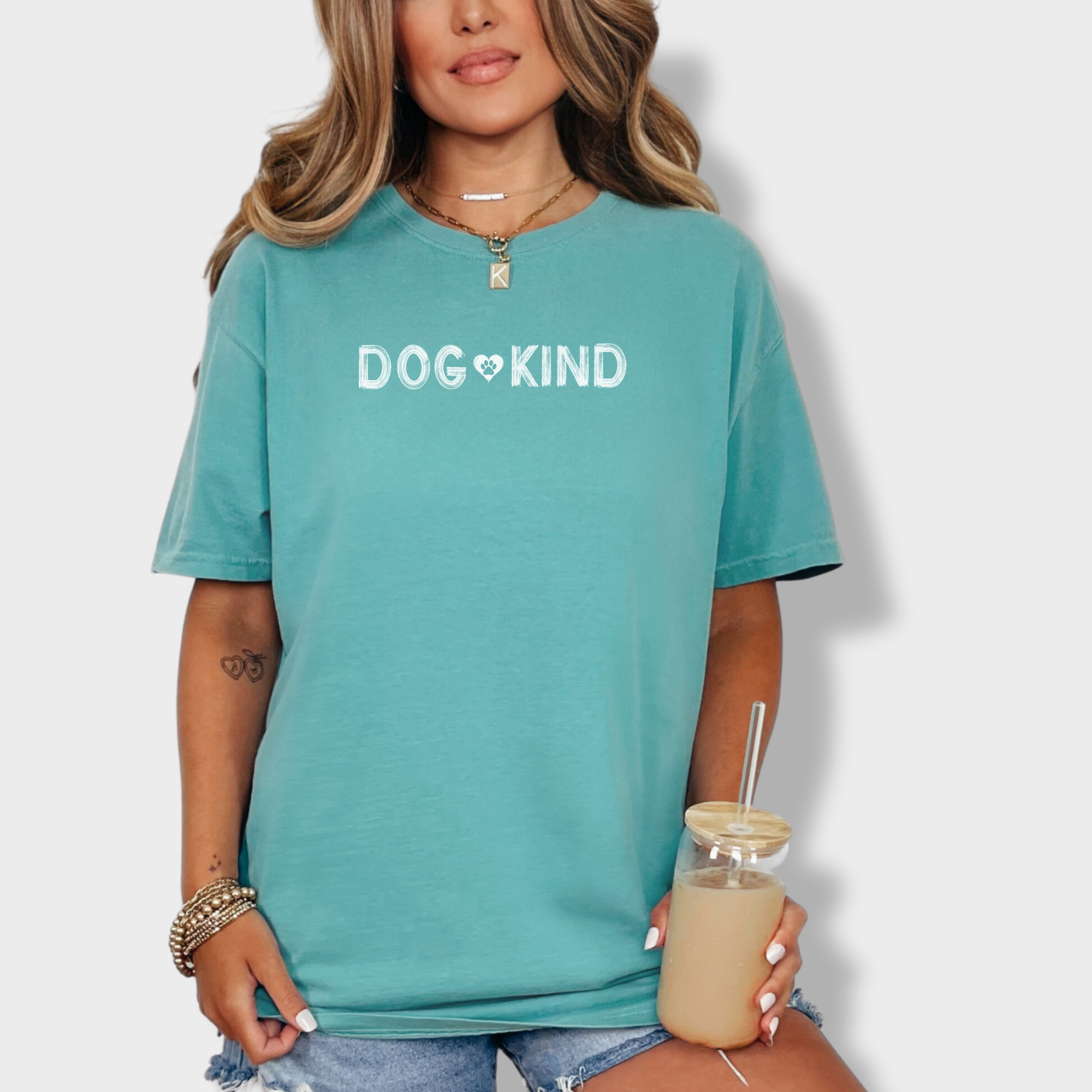 artistic-dogkind-dog-graphic-comfort-colors-t-shirt-in-seafoam - Seafoam Lifestyle Female Model