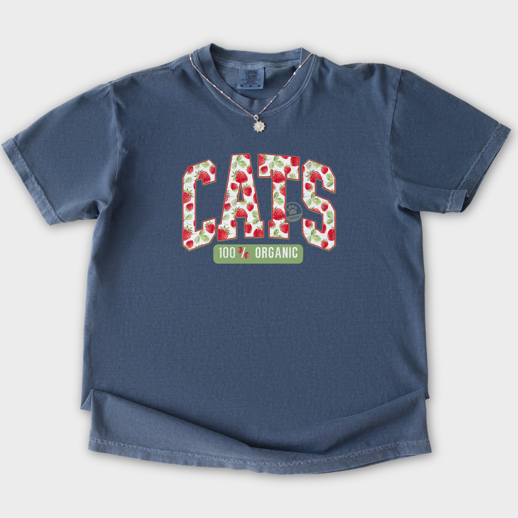floral-vintage-strawberry-market-cats-organic-cat-text-comfort-colors-t-shirt-in-denim - Denim Flat Lay Front