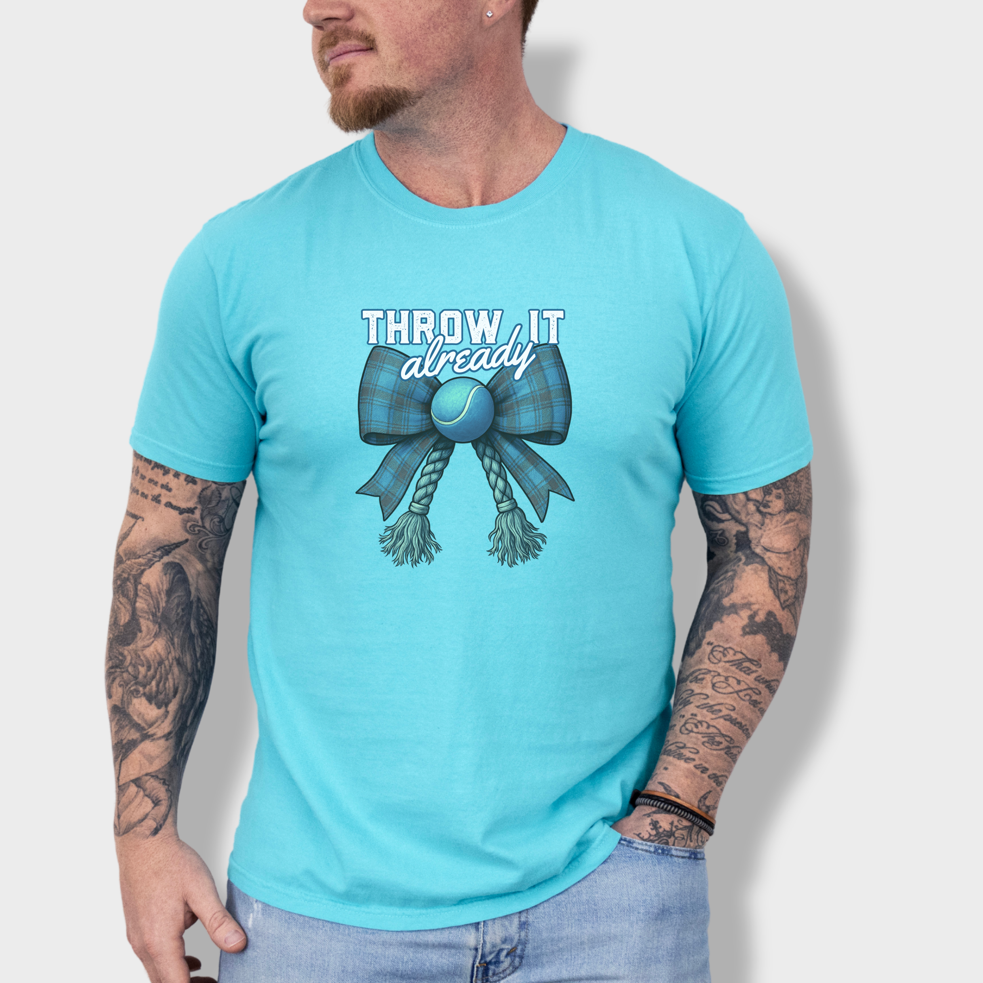 retro-throw-it-already-dog-chew-toy-bow-in-blue-dog-bow-comfort-colors-t-shirt-in-lagoon-blue - Lagoon Blue Lifestyle Male Model