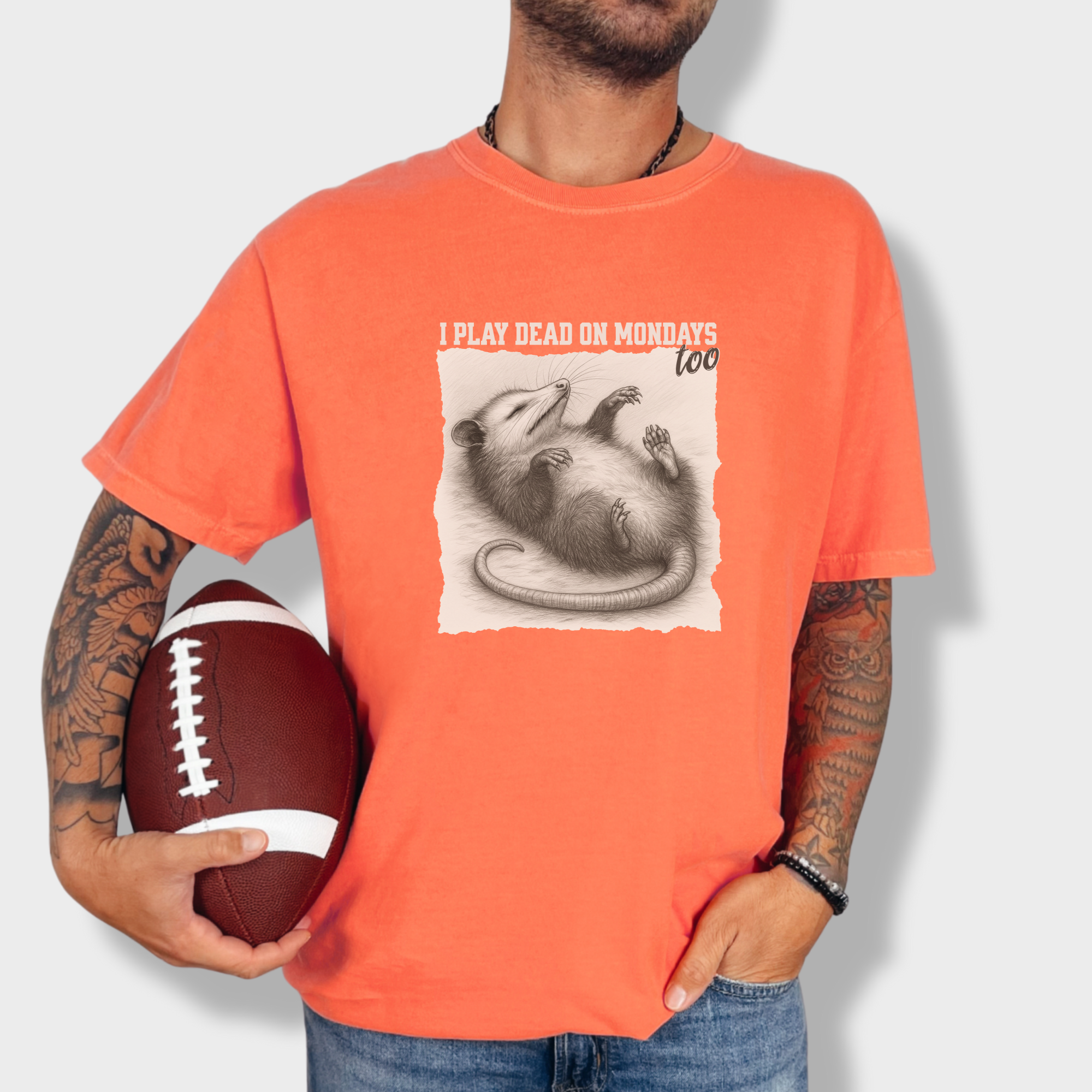 western-i-play-dead-on-mondays-too-feral-line-art-comfort-colors-t-shirt-in-bright-salmon - Bright Salmon Lifestyle Male Model