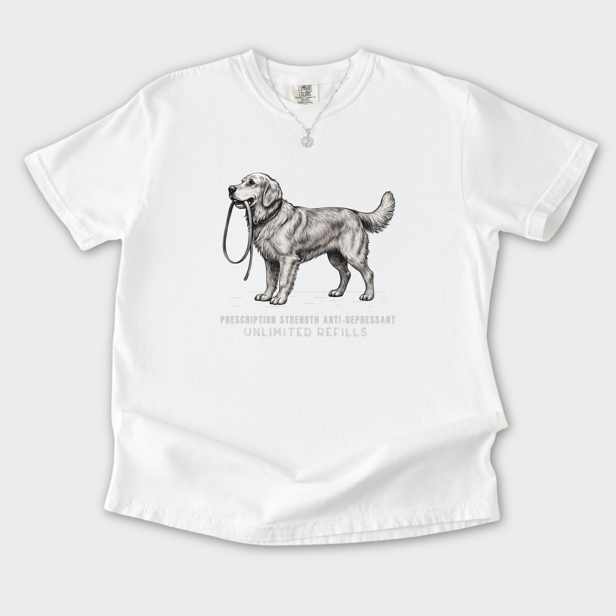 vintage-dog-walking-is-prescription-strength-anti-depressant-with-unllimited-refills-dog-graphic-comfort-colors-t-shirt-in-white - White Flat Lay Front