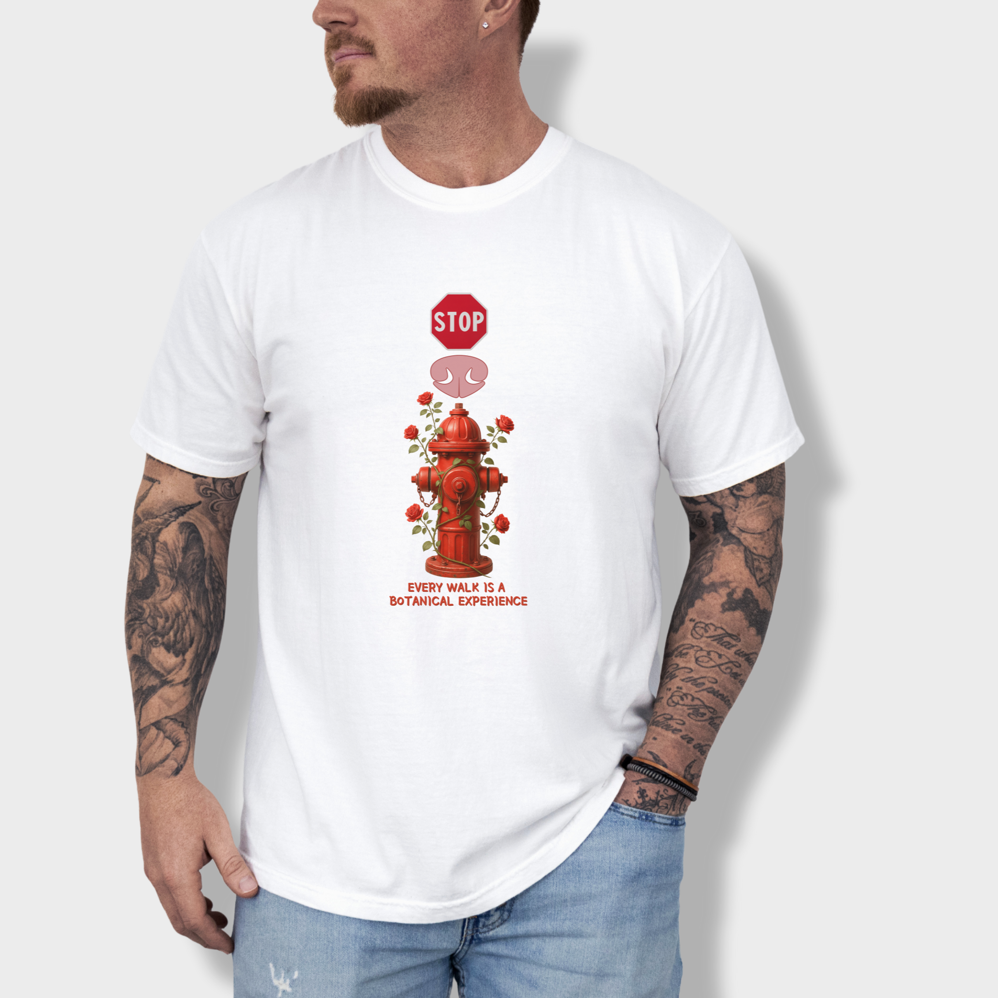 floral-every-walk-is-a-botanical-experience-dog-graphic-comfort-colors-t-shirt-in-white - White Lifestyle Male Model