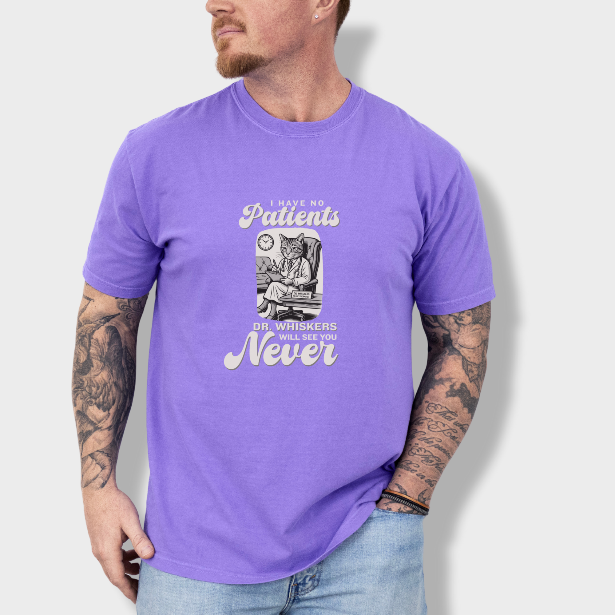 retro-i-have-no-patients-cat-graphic-comfort-colors-t-shirt-in-violet - Violet Lifestyle Male Model
