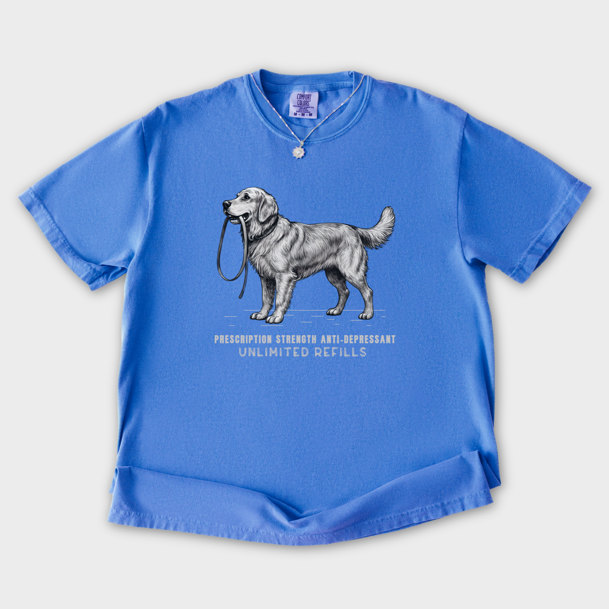 vintage-dog-walking-is-prescription-strength-anti-depressant-with-unllimited-refills-dog-graphic-comfort-colors-t-shirt-in-flo-blue - Flo Blue Flat Lay Front