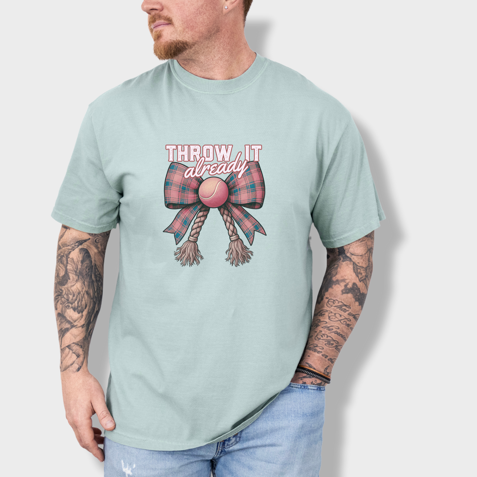 retro-throw-it-already-dog-chew-toy-bow-in-pink-dog-bow-comfort-colors-t-shirt-in-granite - Granite Lifestyle Male Model