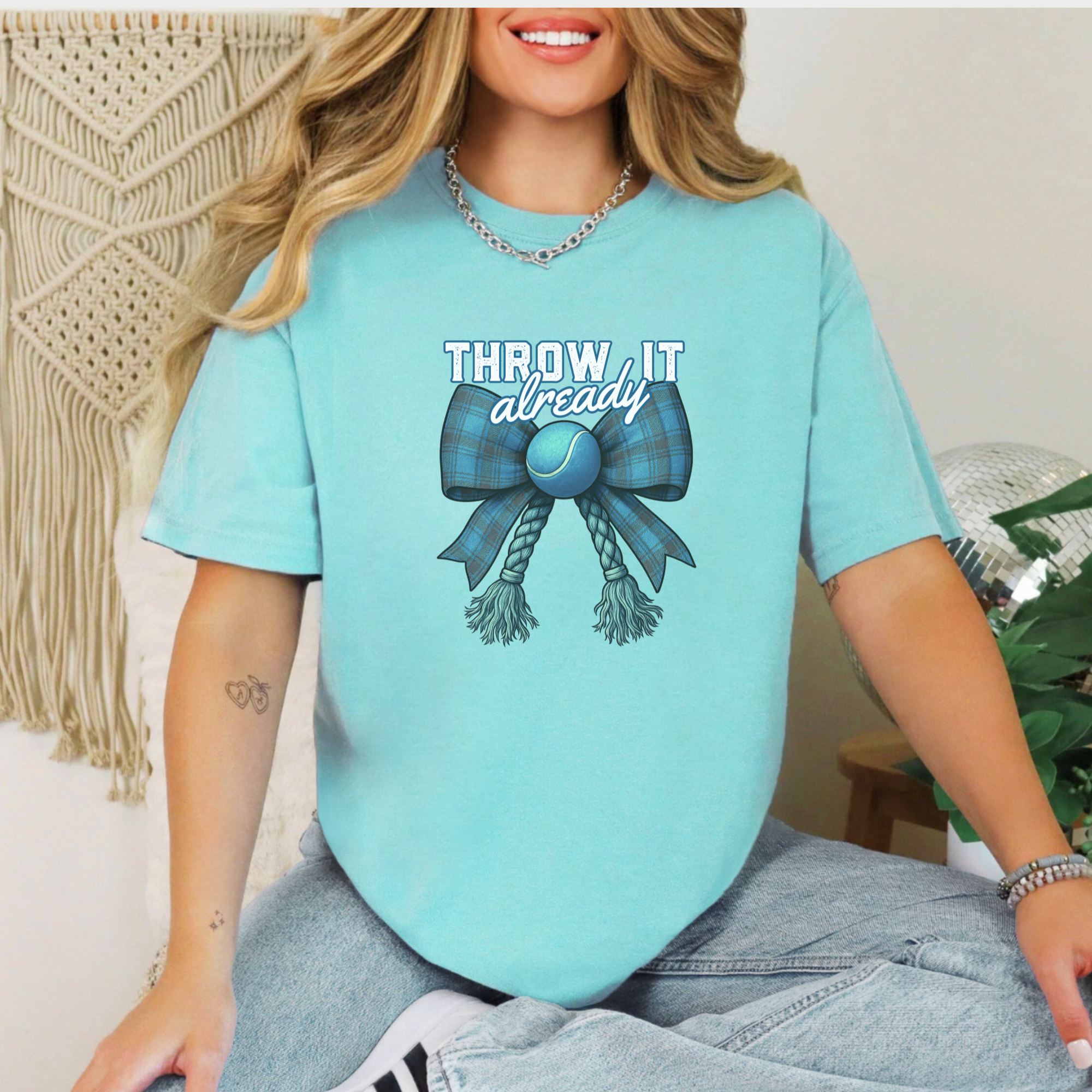 retro-throw-it-already-dog-chew-toy-bow-in-blue-dog-bow-comfort-colors-t-shirt-in-chalky-mint - Chalky Mint Lifestyle Female Model