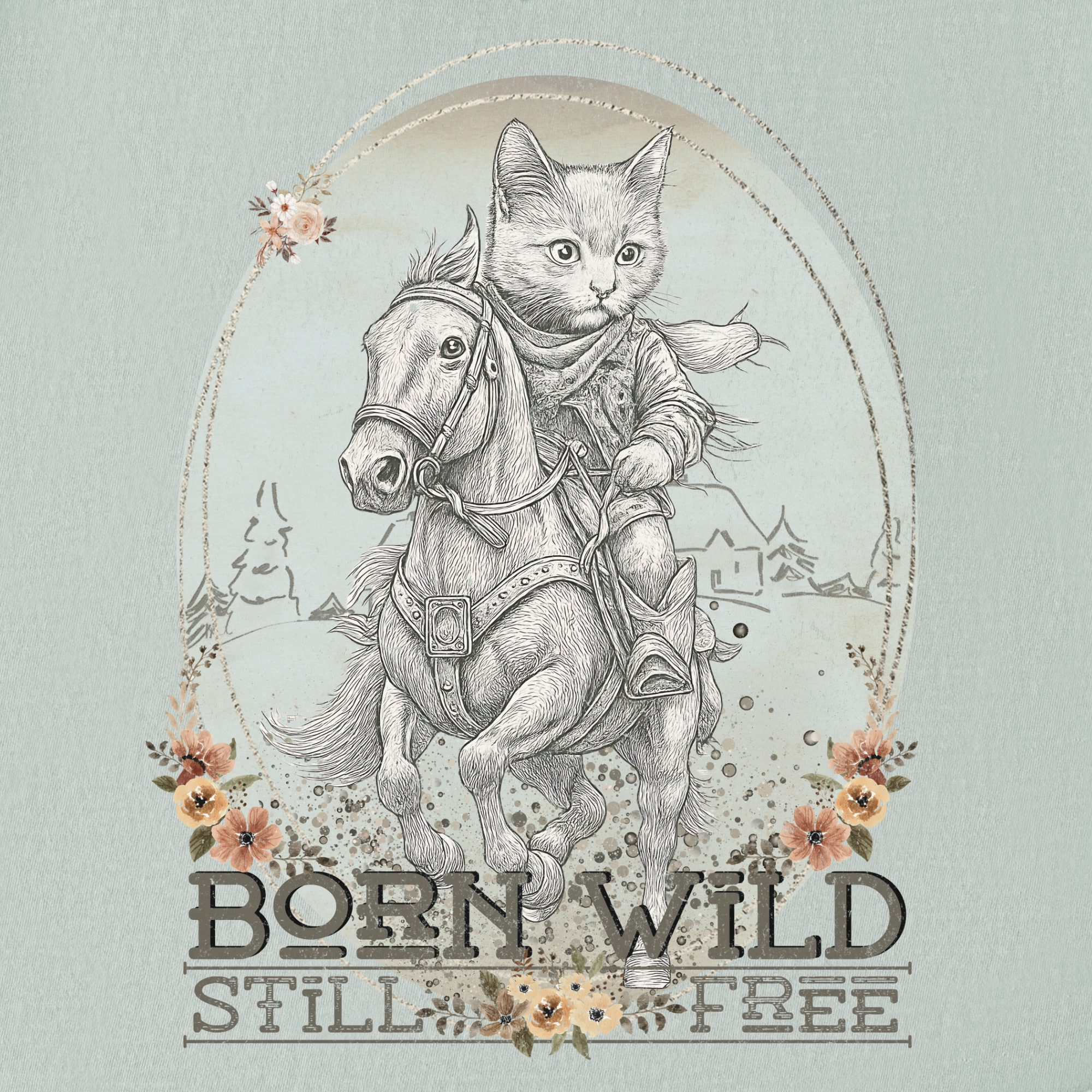 western-born-wild-still-free-gritty-kitty-cowboy-cat-line-art-comfort-colors-t-shirt-in-bay - Bay Full Graphic