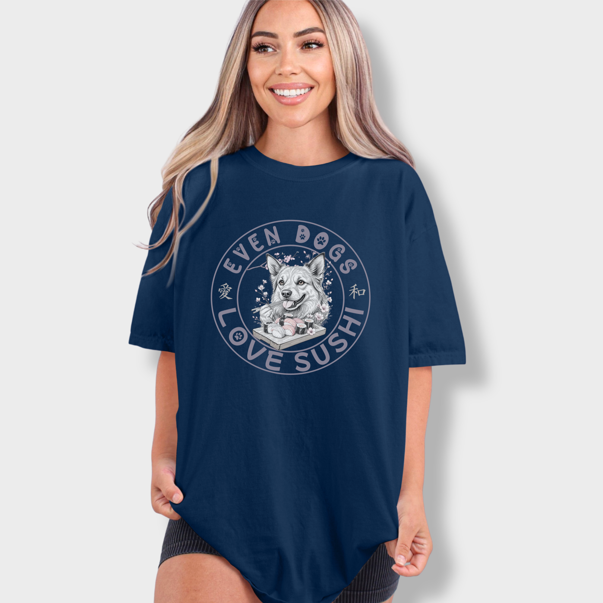 floral-even-dogs-love-sushi-plus-cherry-blossoms-dog-graphic-comfort-colors-t-shirt-in-true-navy - True Navy Lifestyle Female Model
