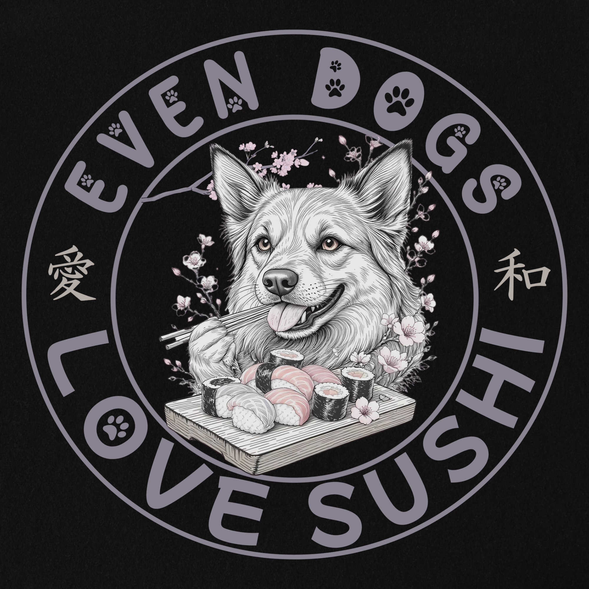floral-even-dogs-love-sushi-plus-cherry-blossoms-dog-graphic-comfort-colors-t-shirt-in-black - Black Full Graphic