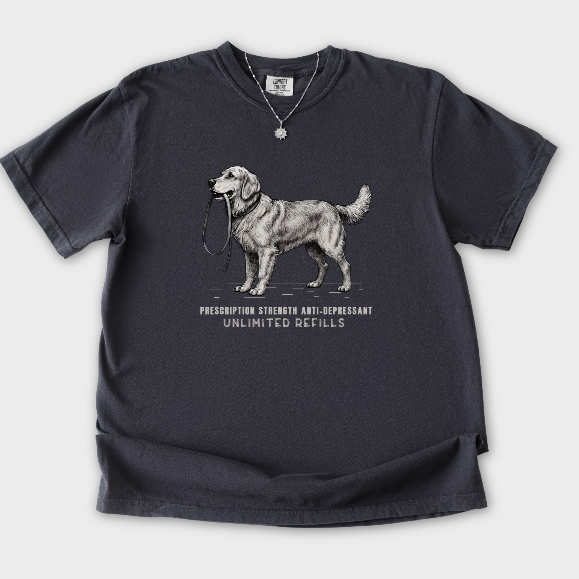 vintage-dog-walking-is-prescription-strength-anti-depressant-with-unllimited-refills-dog-graphic-comfort-colors-t-shirt-in-graphite - Graphite Flat Lay Front