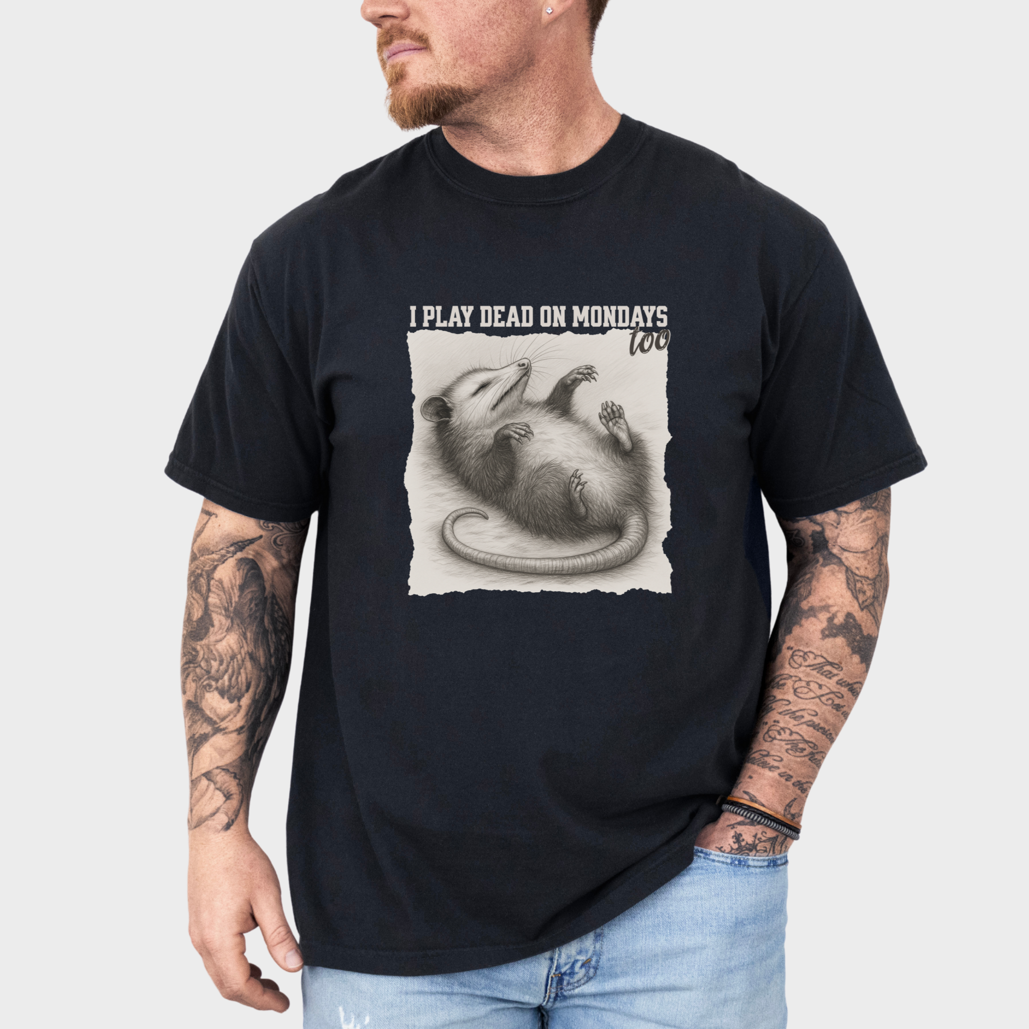 western-i-play-dead-on-mondays-too-feral-line-art-comfort-colors-t-shirt-in-black - Black Lifestyle Male Model