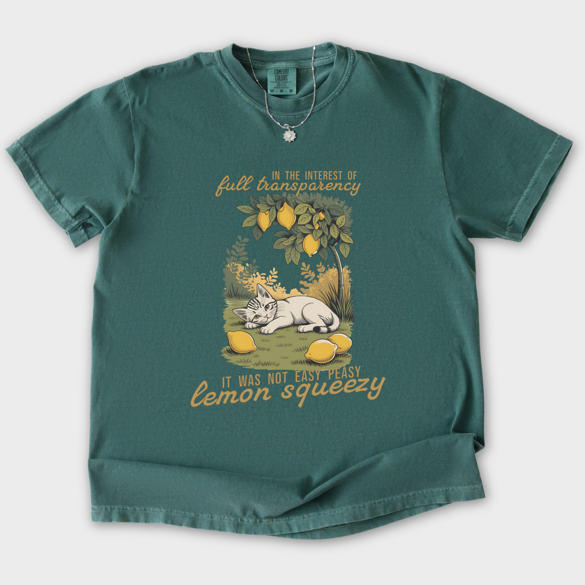 retro-not-so-easy-lemon-squeezy-cat-cat-graphic-comfort-colors-t-shirt-in-blue-spruce - Blue Spruce Flat Lay Front