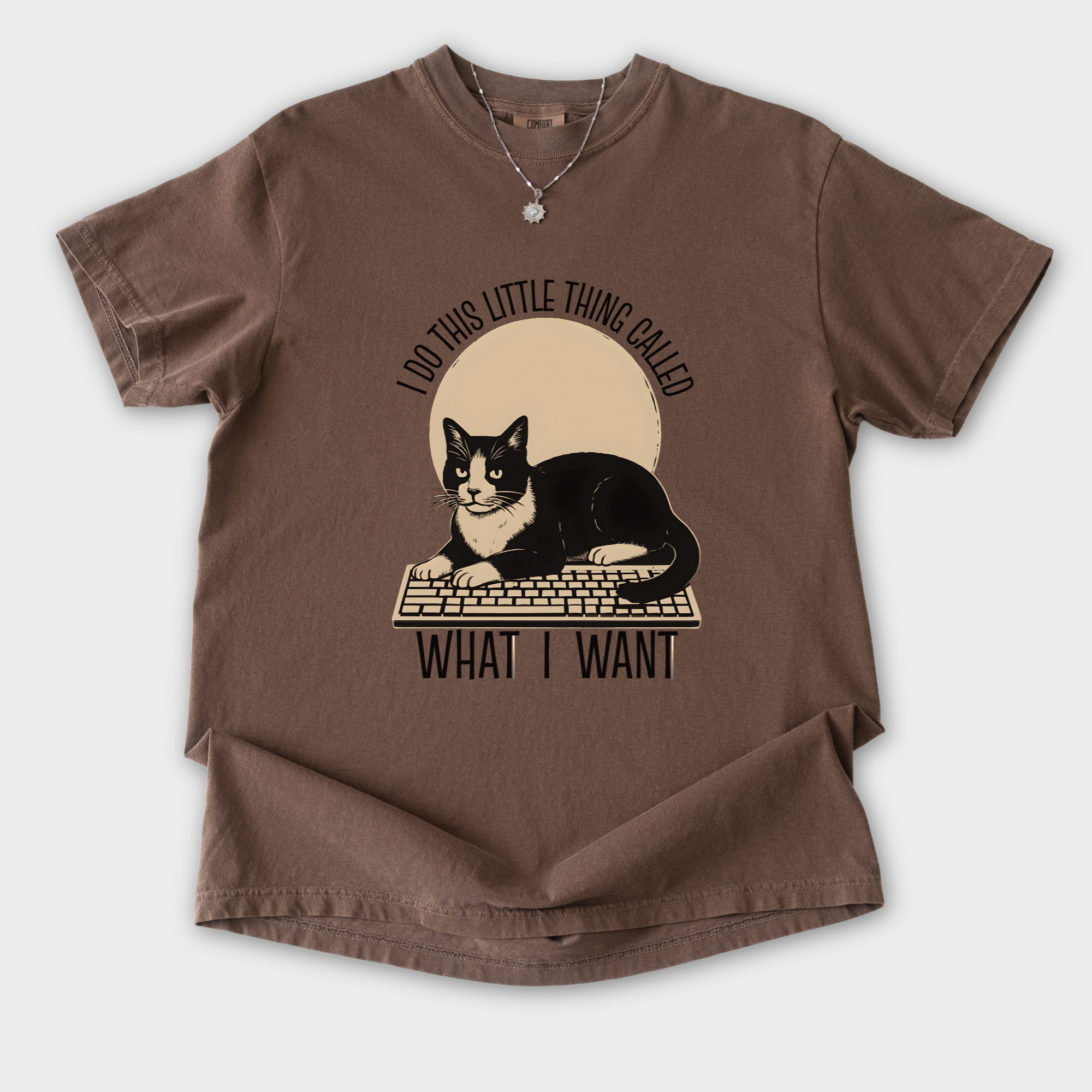 retro-i-do-this-little-thing-called-what-i-want-cat-minimalist-comfort-colors-t-shirt-in-espresso - Espresso Flat Lay Front