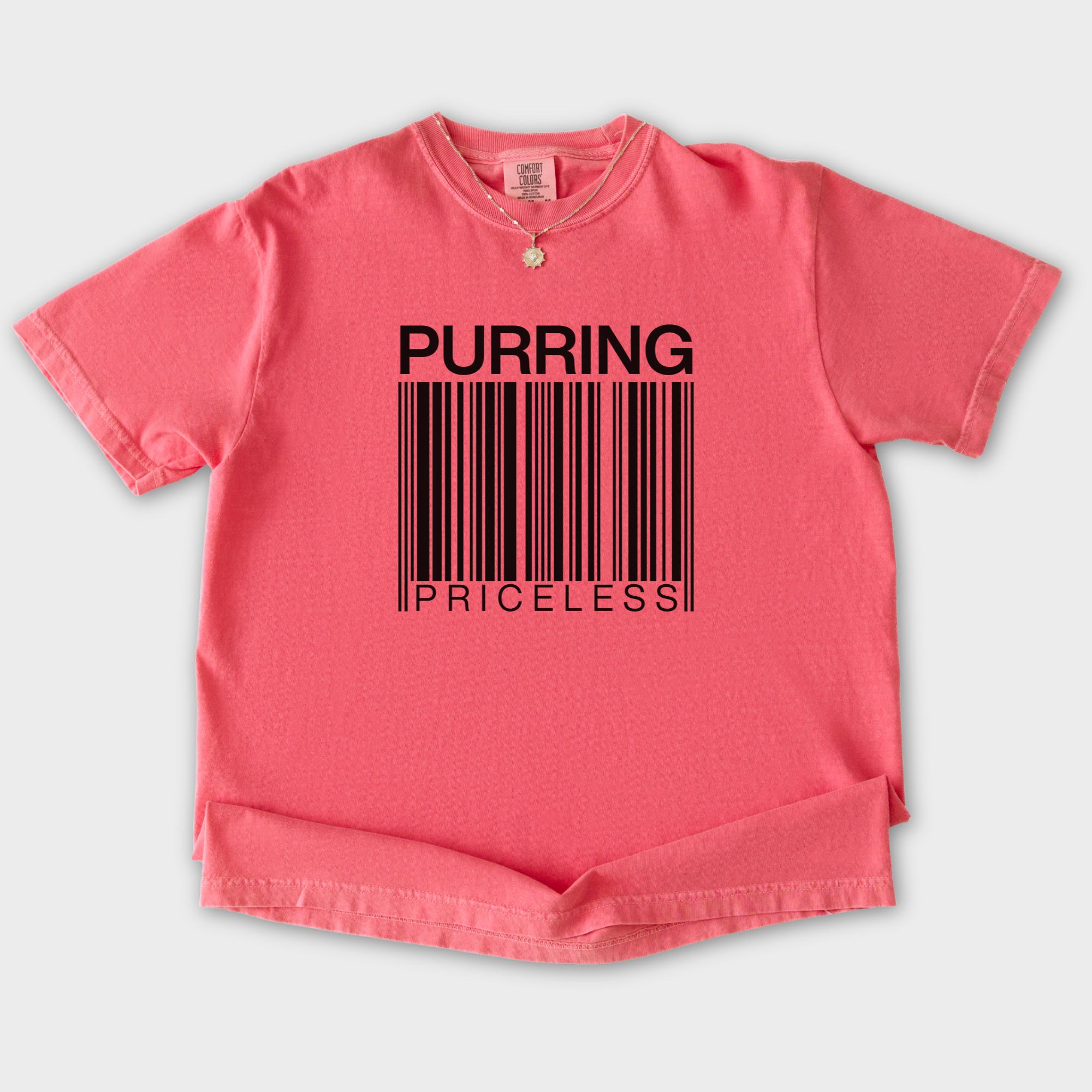 modern-purring-is-priceless-barcode-cat-graphic-comfort-colors-t-shirt-in-watermelon - Watermelon Flat Lay Front