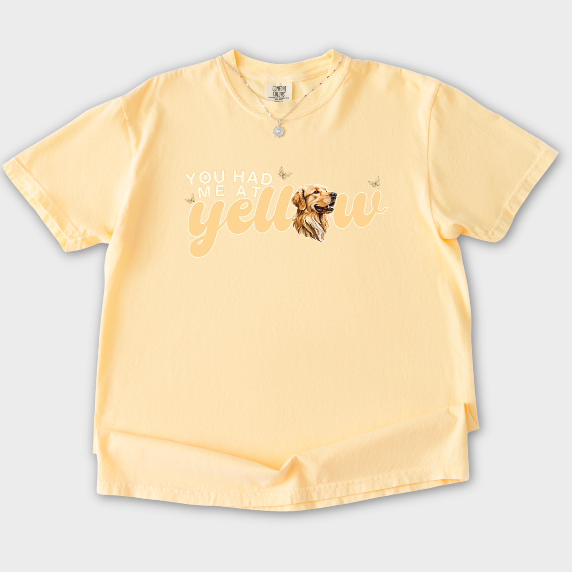 movie-inspired-you-had-me-at-yellow-labrardor-retreiver-dog-text-comfort-colors-t-shirt-in-butter - Butter Flat Lay Front