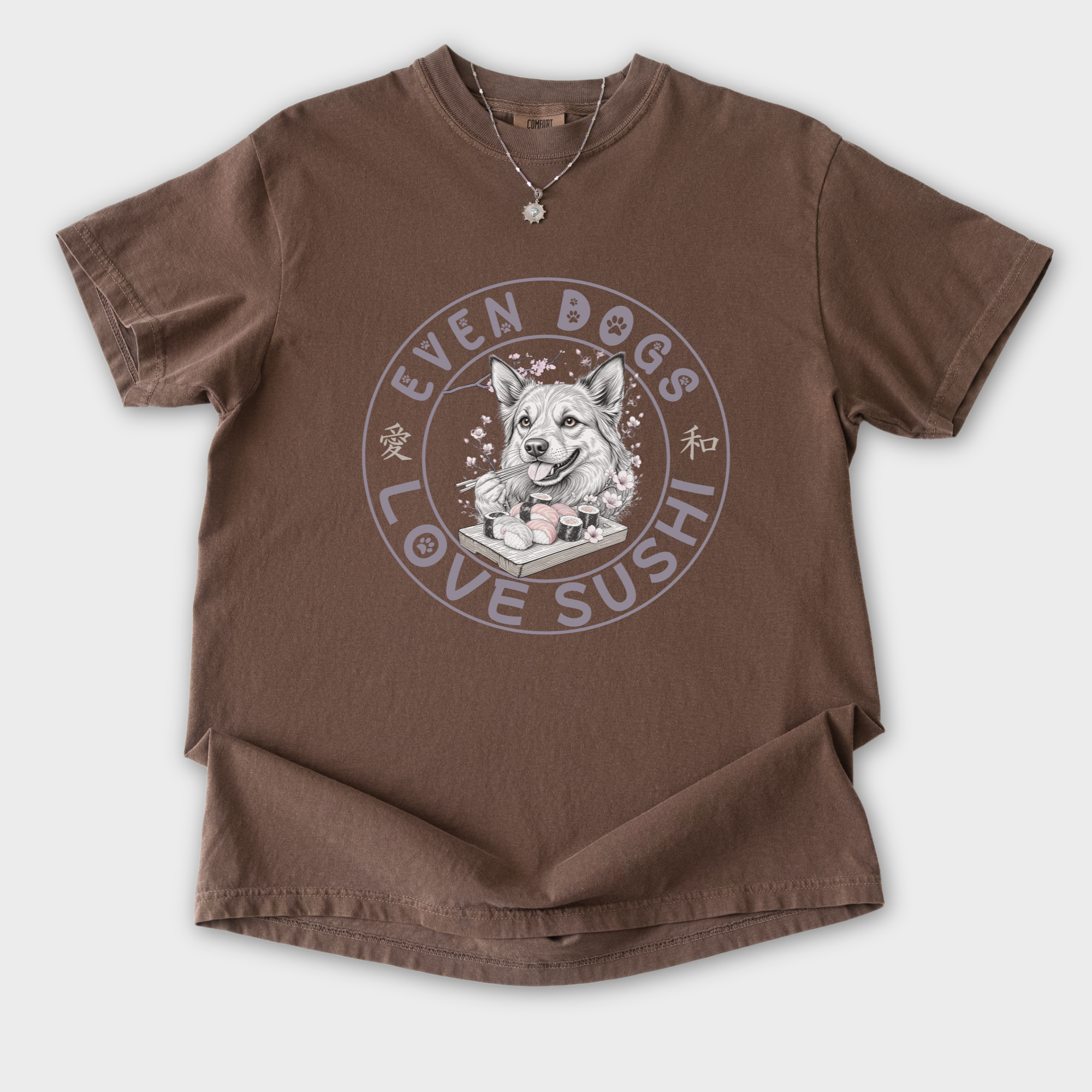 floral-even-dogs-love-sushi-plus-cherry-blossoms-dog-graphic-comfort-colors-t-shirt-in-espresso - Espresso Flat Lay Front