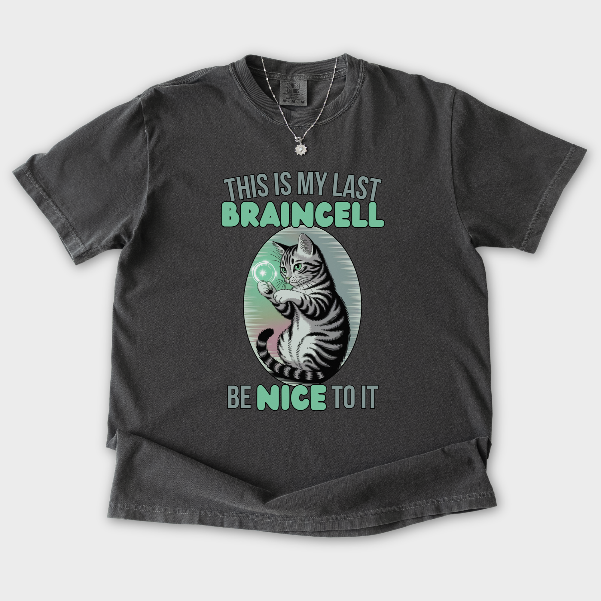 vintage-this-is-my-last-braincell-cat-graphic-comfort-colors-t-shirt-in-pepper - Pepper Flat Lay Front