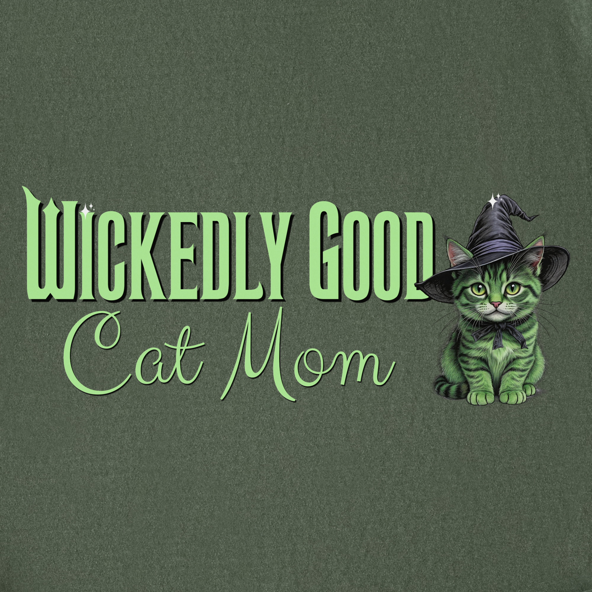 movie-inspired-green-wickedly-good-cat-mom-cat-graphic-comfort-colors-t-shirt-in-moss - Moss Full Graphic