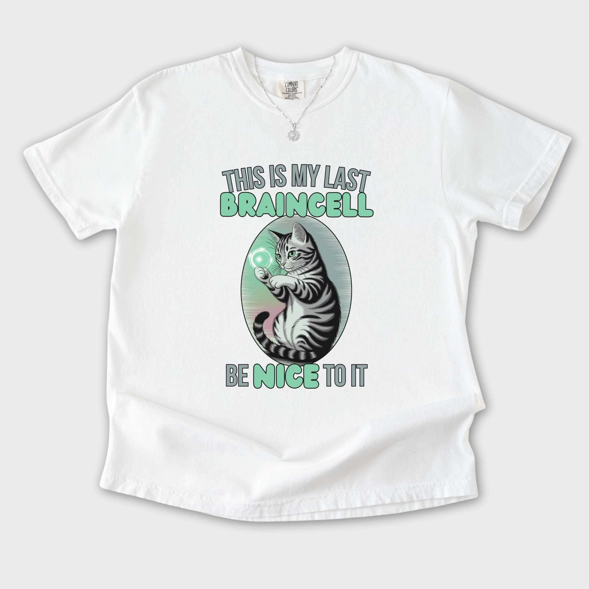 vintage-this-is-my-last-braincell-cat-graphic-comfort-colors-t-shirt-in-white - White Flat Lay Front