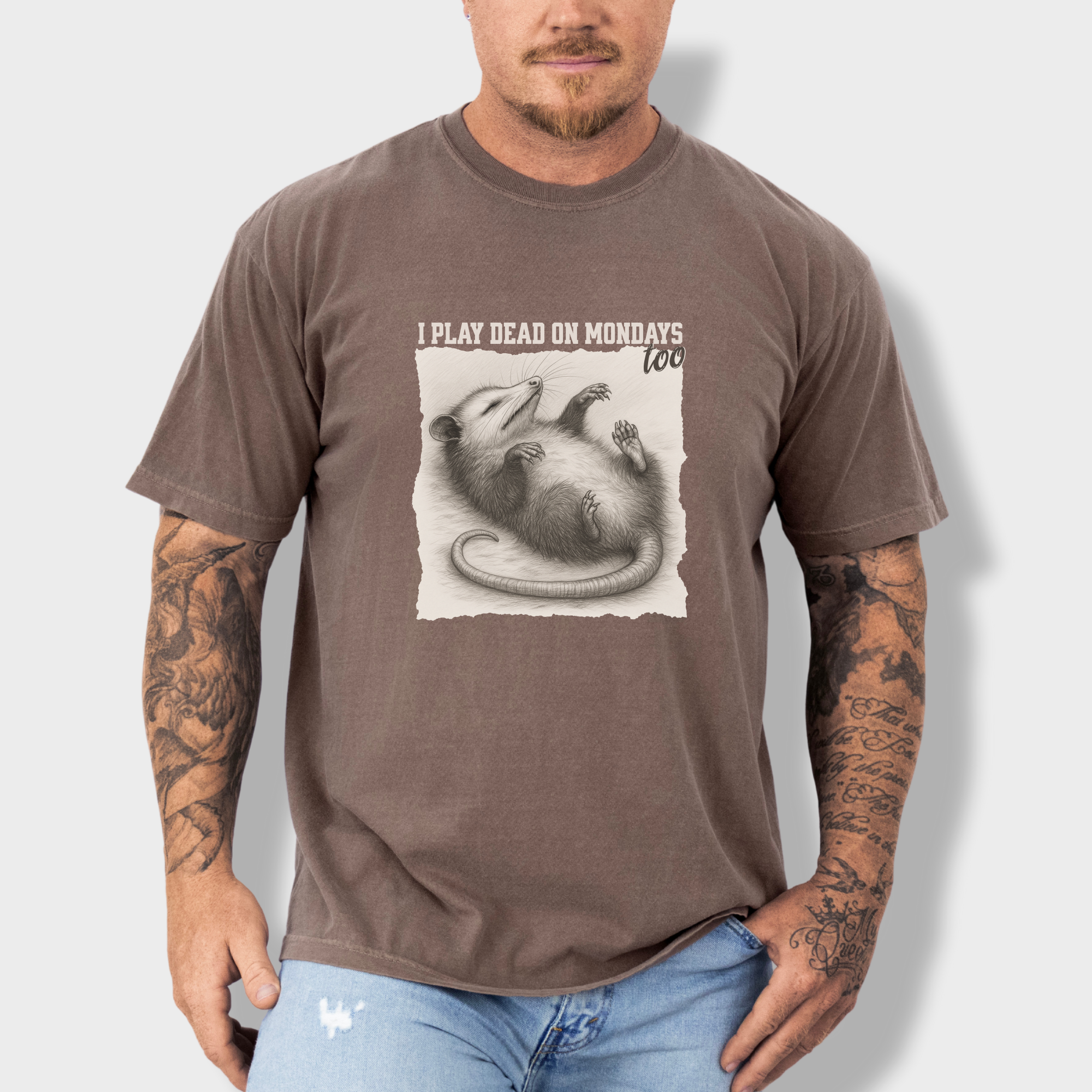 western-i-play-dead-on-mondays-too-feral-line-art-comfort-colors-t-shirt-in-espresso - Espresso Lifestyle Male Model