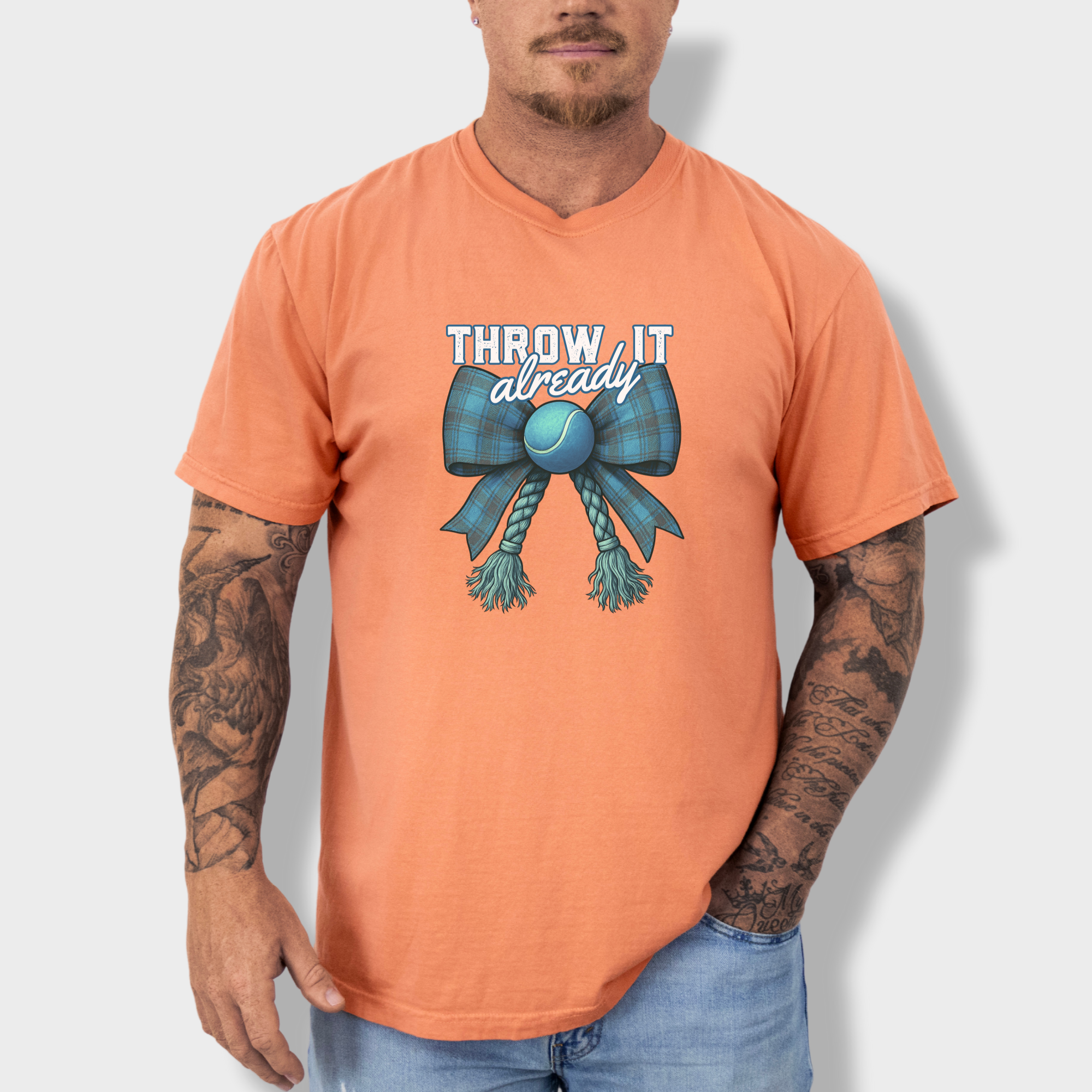 retro-throw-it-already-dog-chew-toy-bow-in-blue-dog-bow-comfort-colors-t-shirt-in-terracotta - Terracotta Lifestyle Male Model