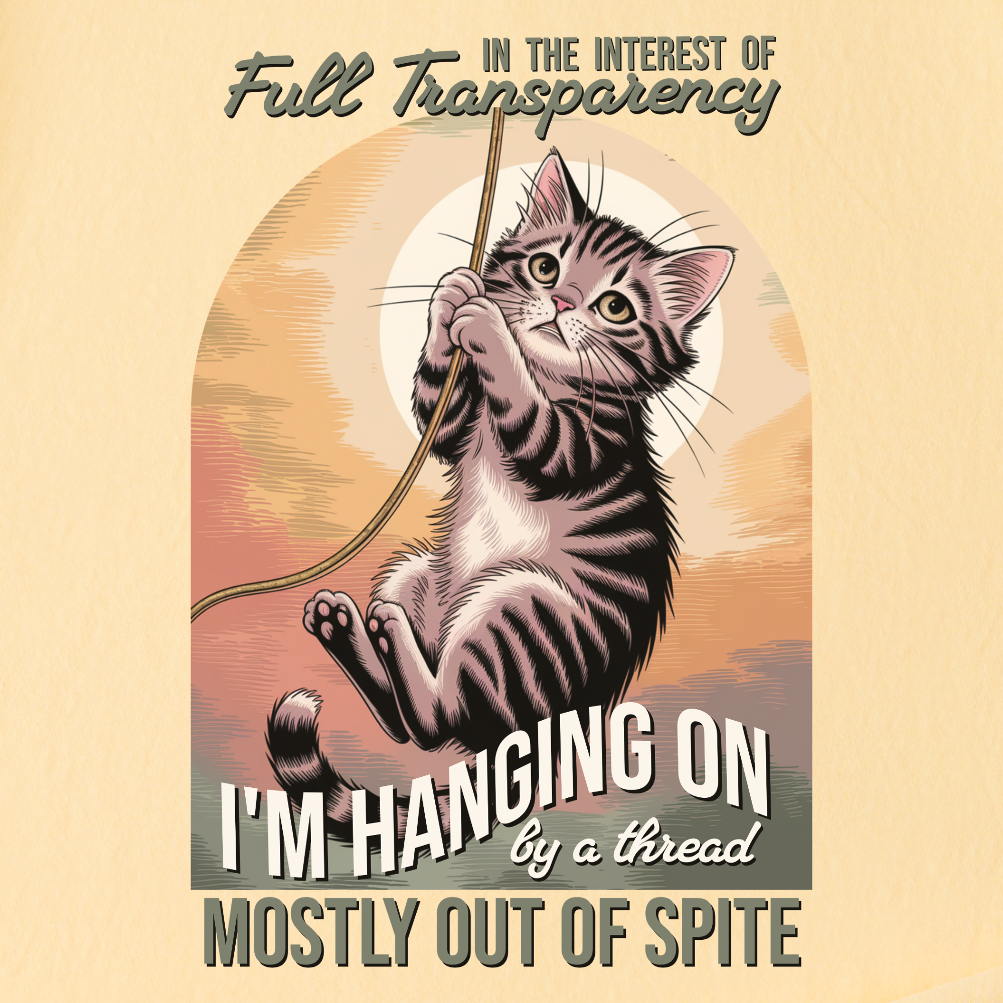 western-hanging-on-by-a-thread-cat-graphic-comfort-colors-t-shirt-in-butter - Butter Full Graphic