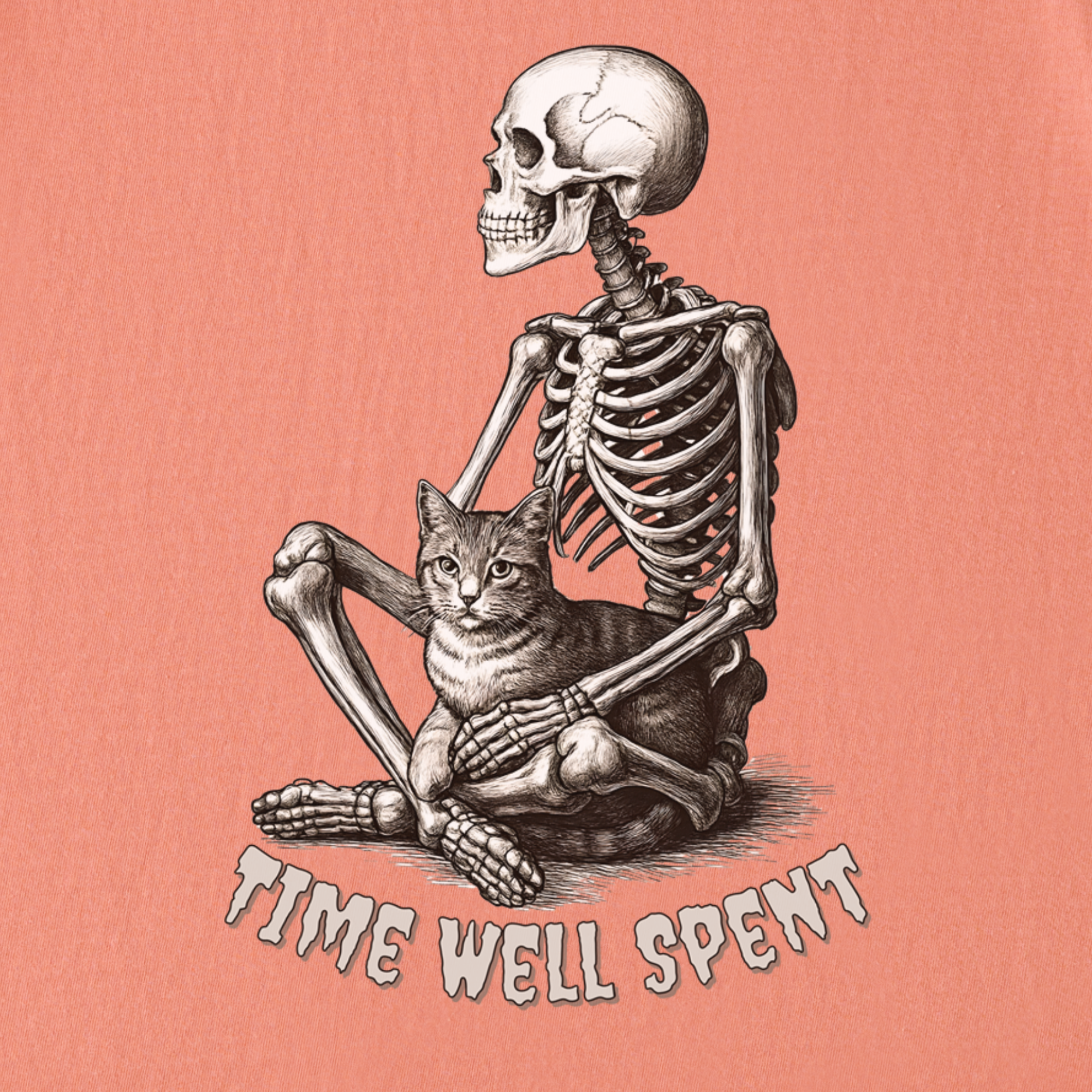 line-art-sit-still-skeleton-petting-cat-cat-skeleton-comfort-colors-t-shirt-in-terracotta - Terracotta Full Graphic