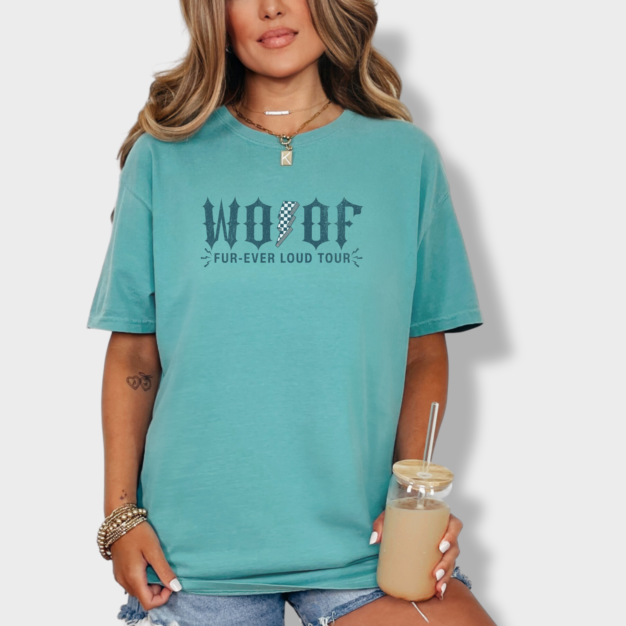 artistic-woof-furever-loud-tour-dog-graphic-comfort-colors-t-shirt-in-seafoam - Seafoam Lifestyle Female Model