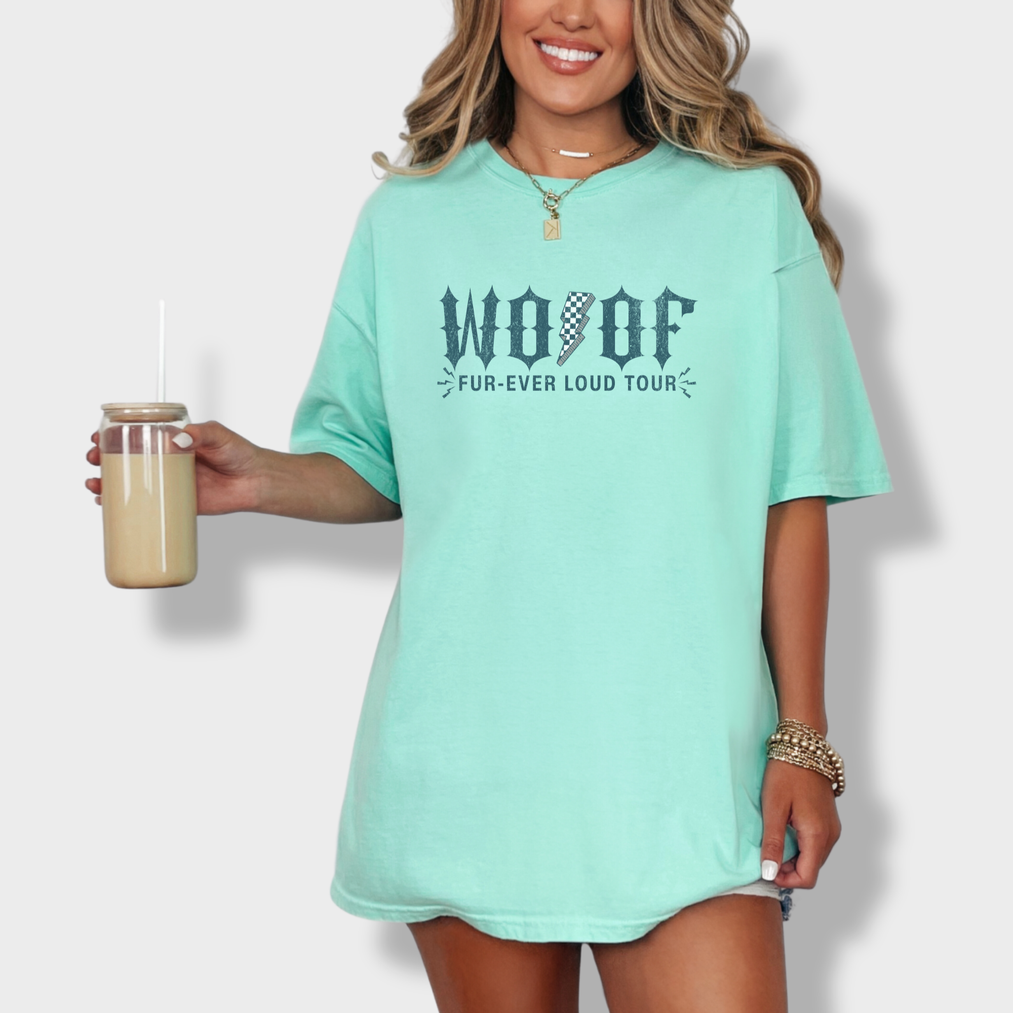 artistic-woof-furever-loud-tour-dog-graphic-comfort-colors-t-shirt-in-island-reef - Island Reef Lifestyle Female Model