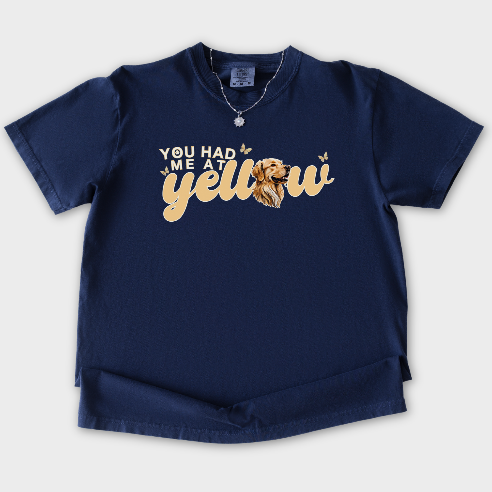 movie-inspired-you-had-me-at-yellow-labrardor-retreiver-dog-text-comfort-colors-t-shirt-in-true-navy - True Navy Flat Lay Front