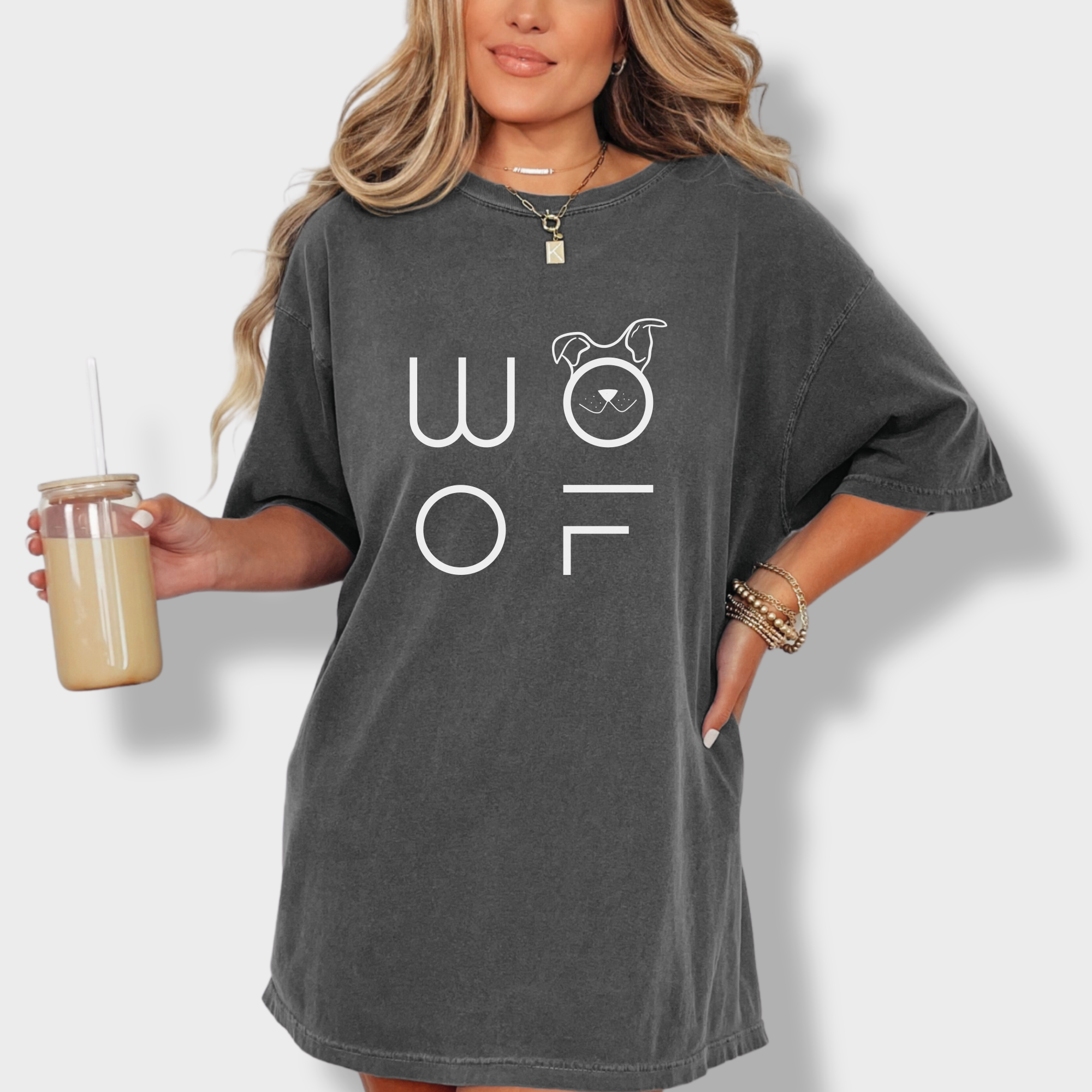 minimalist-woof-modern-text-design-dog-text-comfort-colors-t-shirt-in-pepper - Pepper Lifestyle Female Model