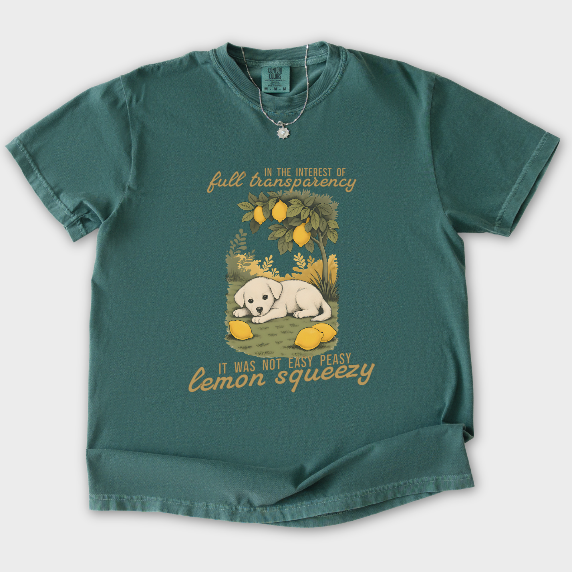 vintage-not-so-easy-lemon-squeezy-dog-dog-graphic-comfort-colors-t-shirt-in-blue-spruce - Blue Spruce Flat Lay Front