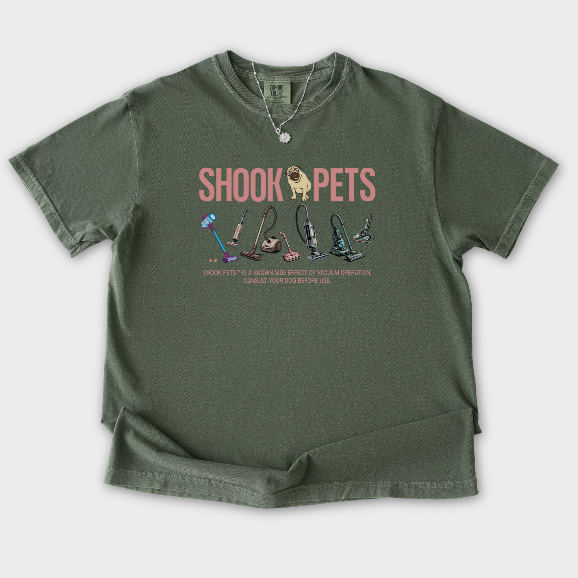 retro-shook-pets-vacuum-wars-dog-graphic-comfort-colors-t-shirt-in-moss - Moss Flat Lay Front